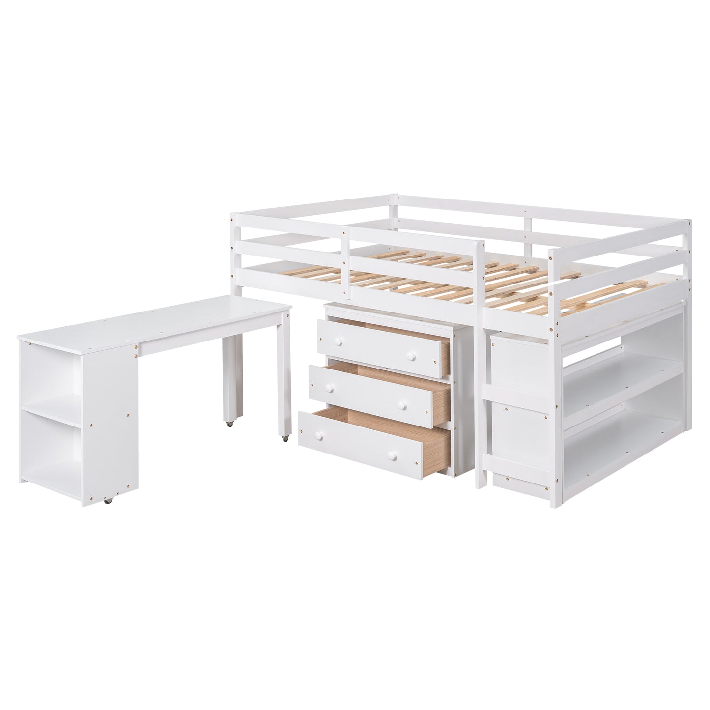 White loft bed with integrated desk and drawers