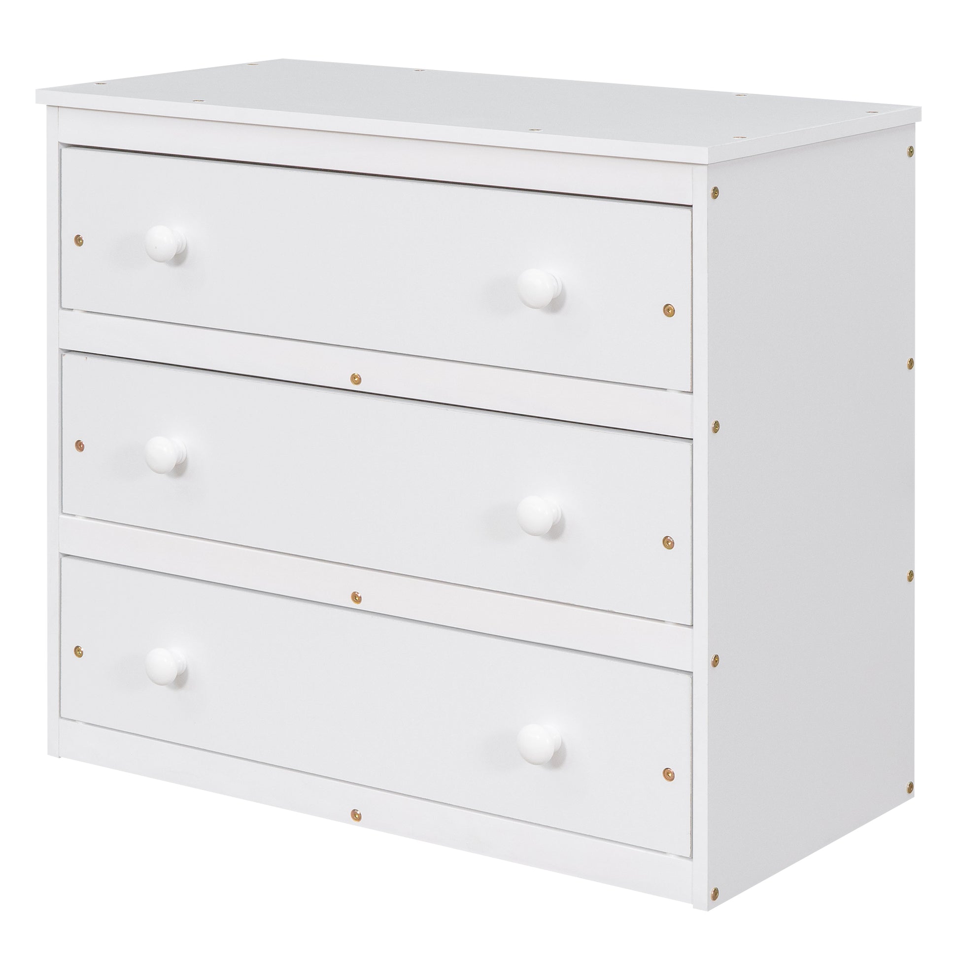 White threedrawer dresser with round white knobs