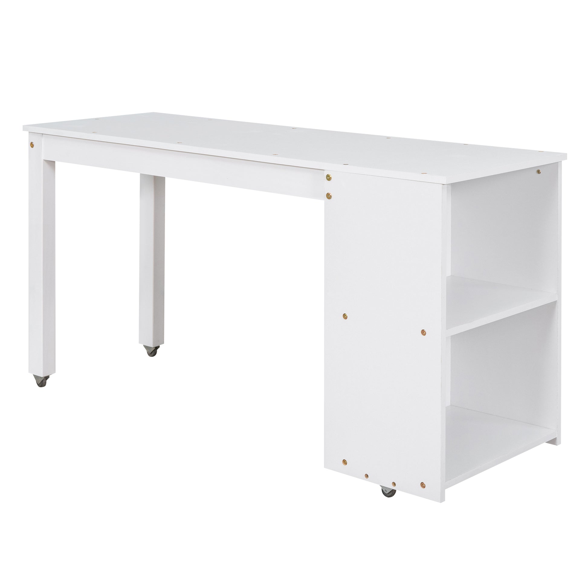 White wooden rolling desk with two shelves