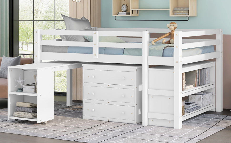 White wooden loft bed with integrated desk and shelving