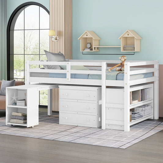 White loft bed with integrated desk and storage drawers