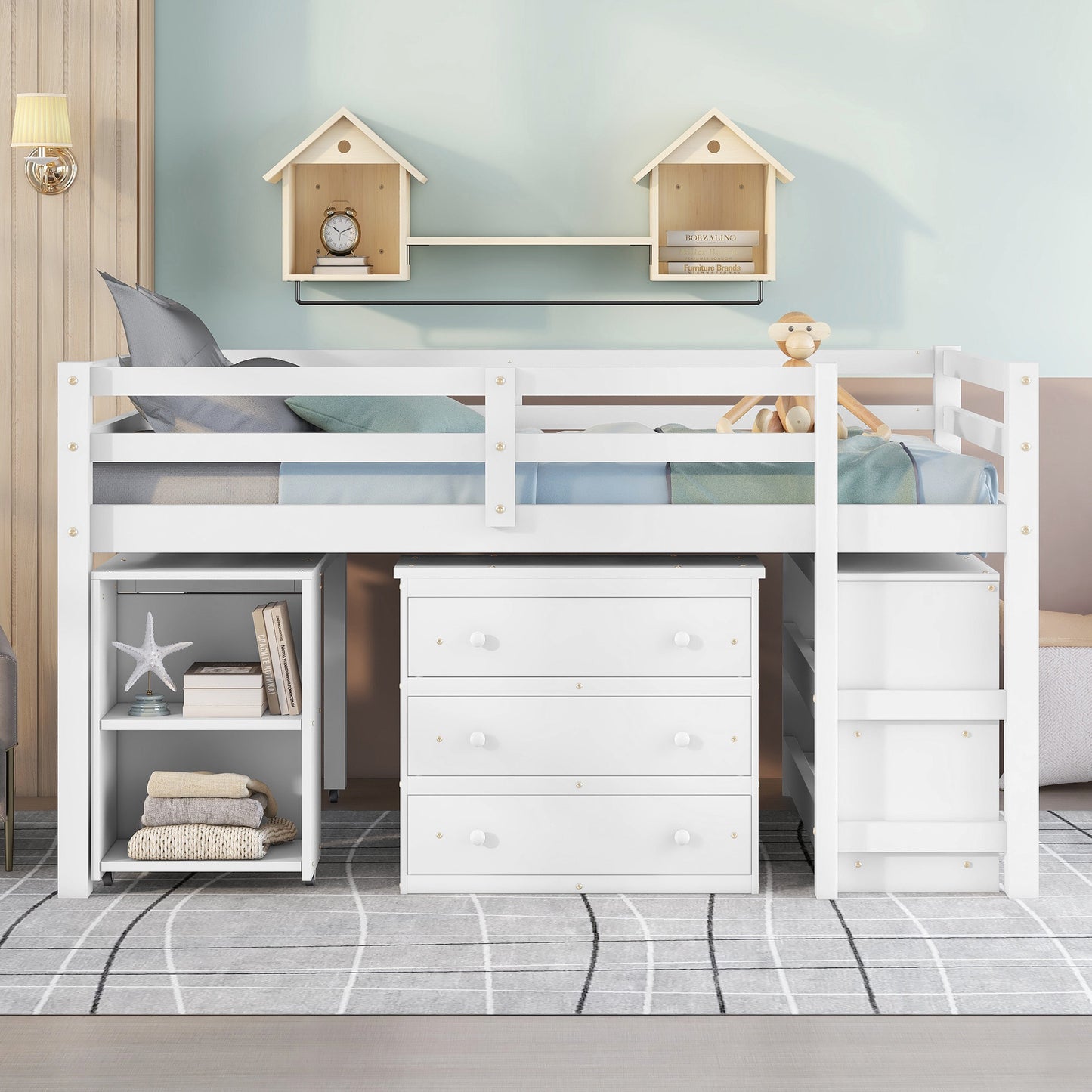 White loft bed with integrated dresser and shelving for a childs room