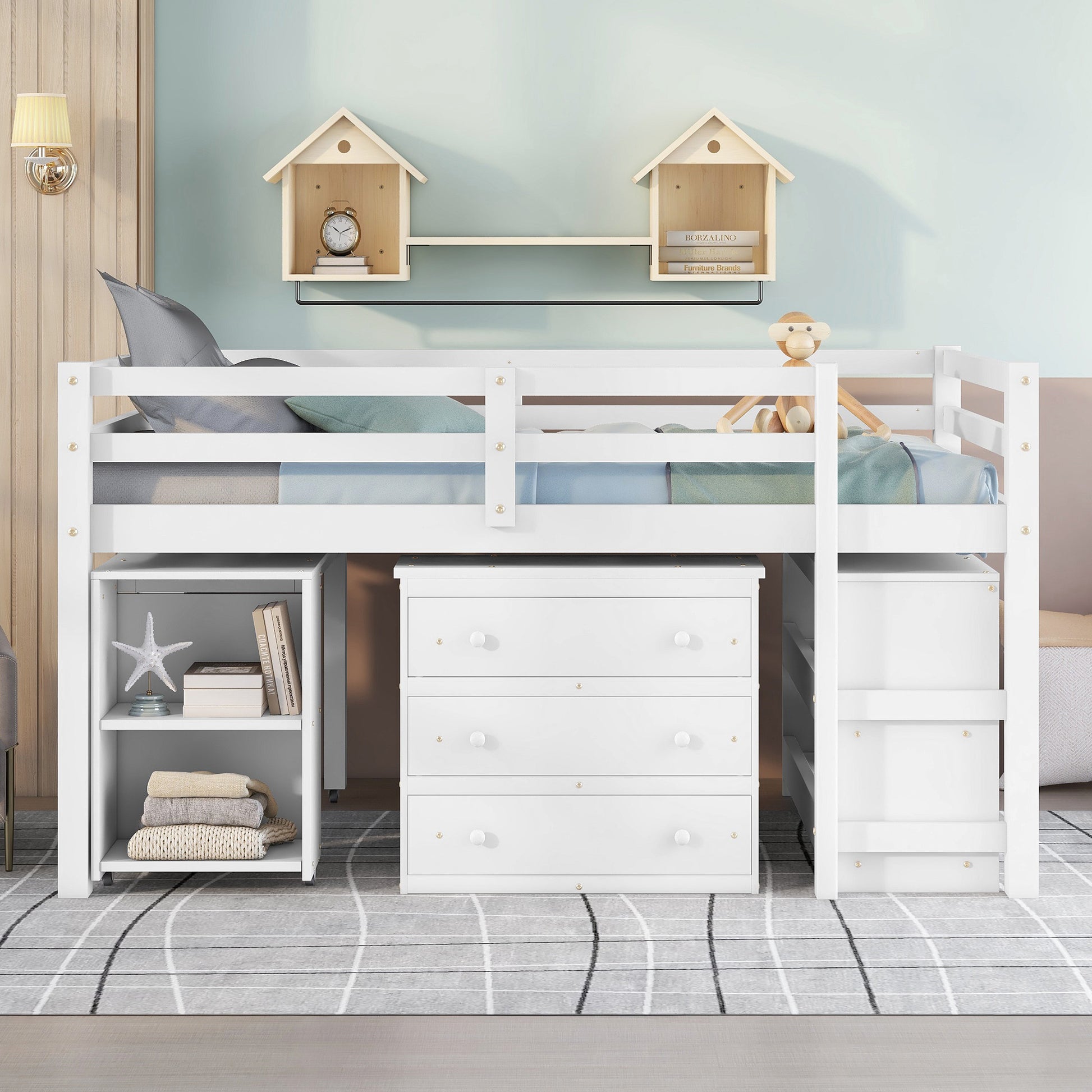 White loft bed with integrated dresser and shelving for a childs room