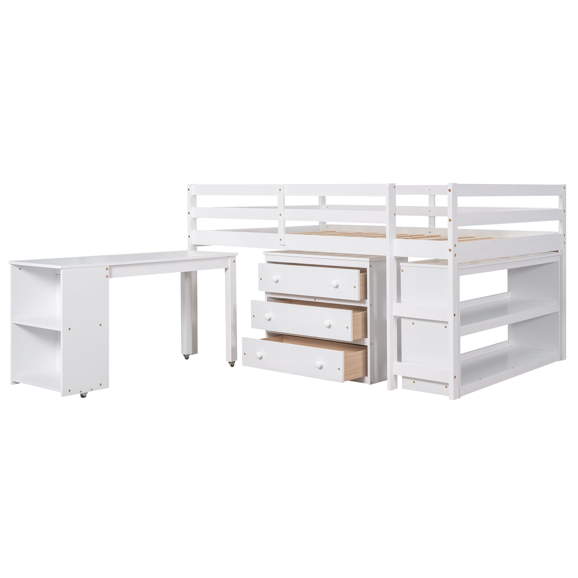 White loft bed with desk and drawers