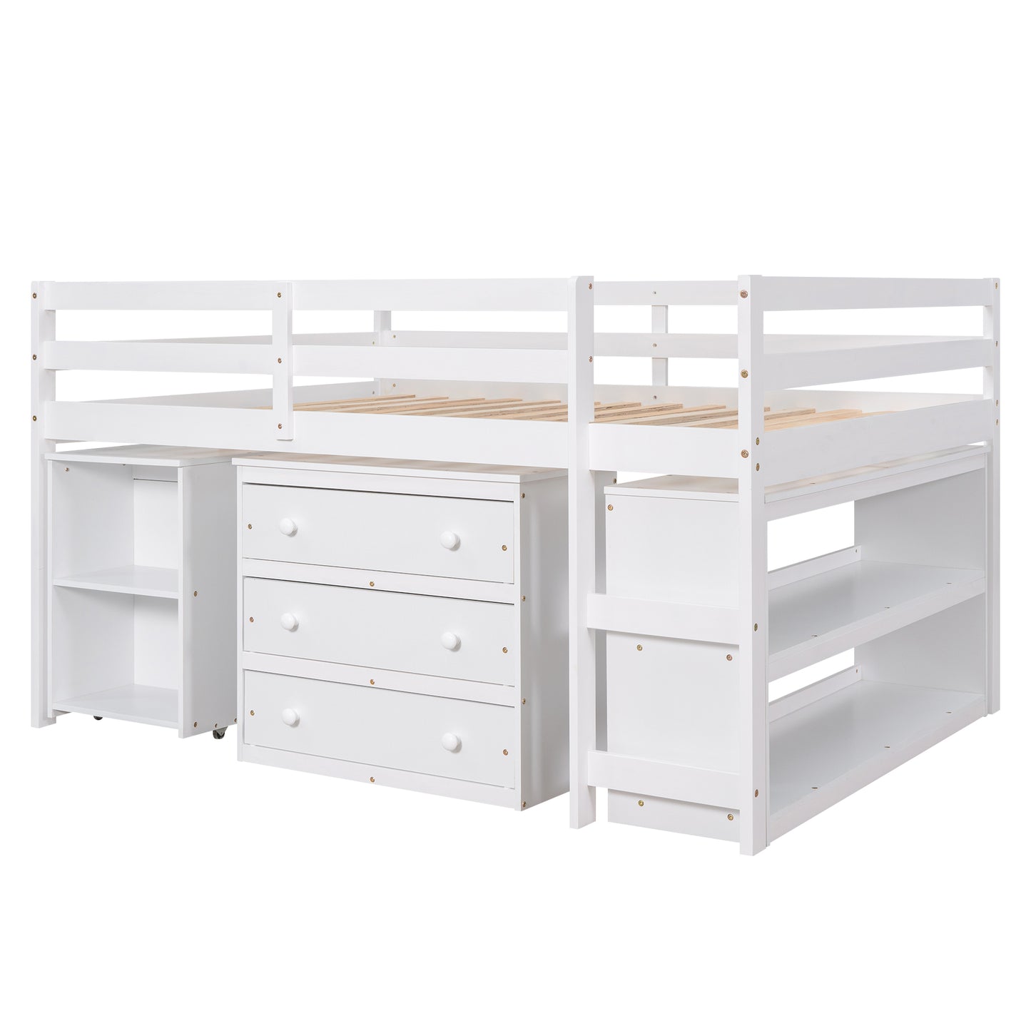 White loft bed with integrated dresser and shelving