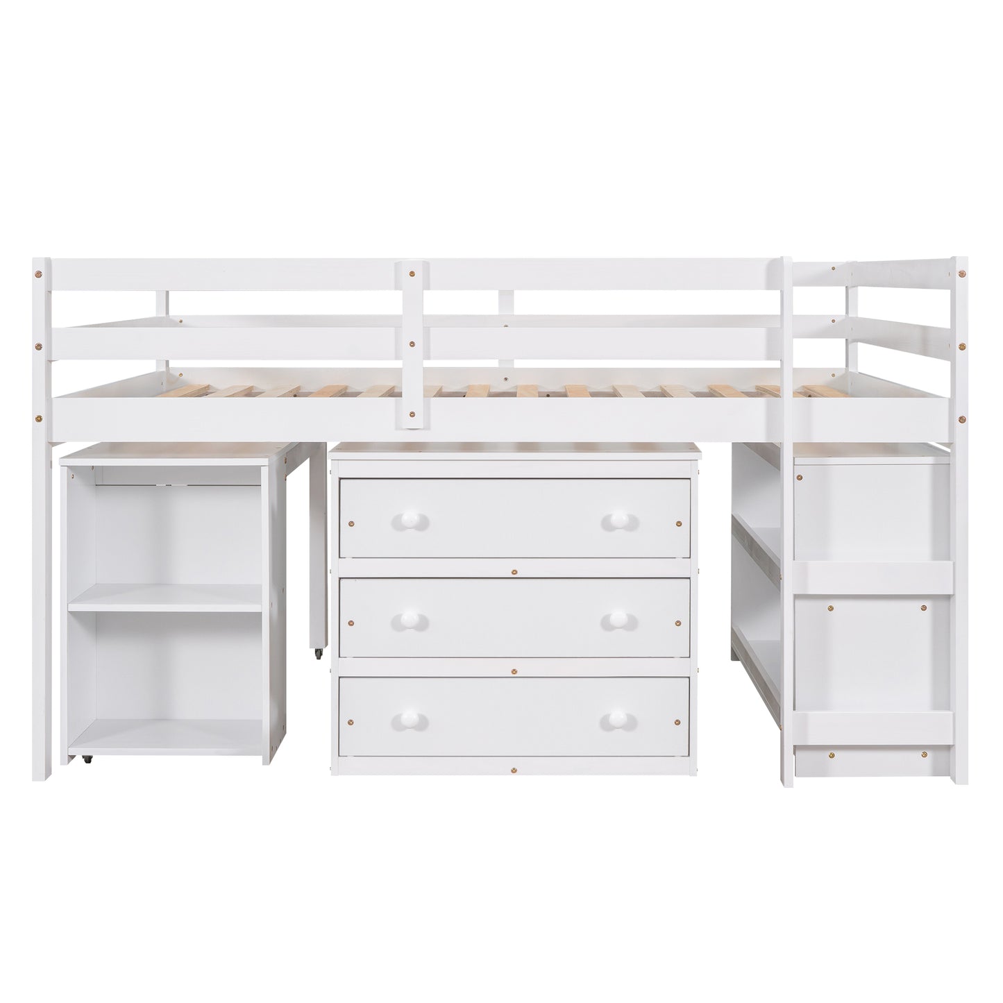 White wooden loft bed with integrated drawers