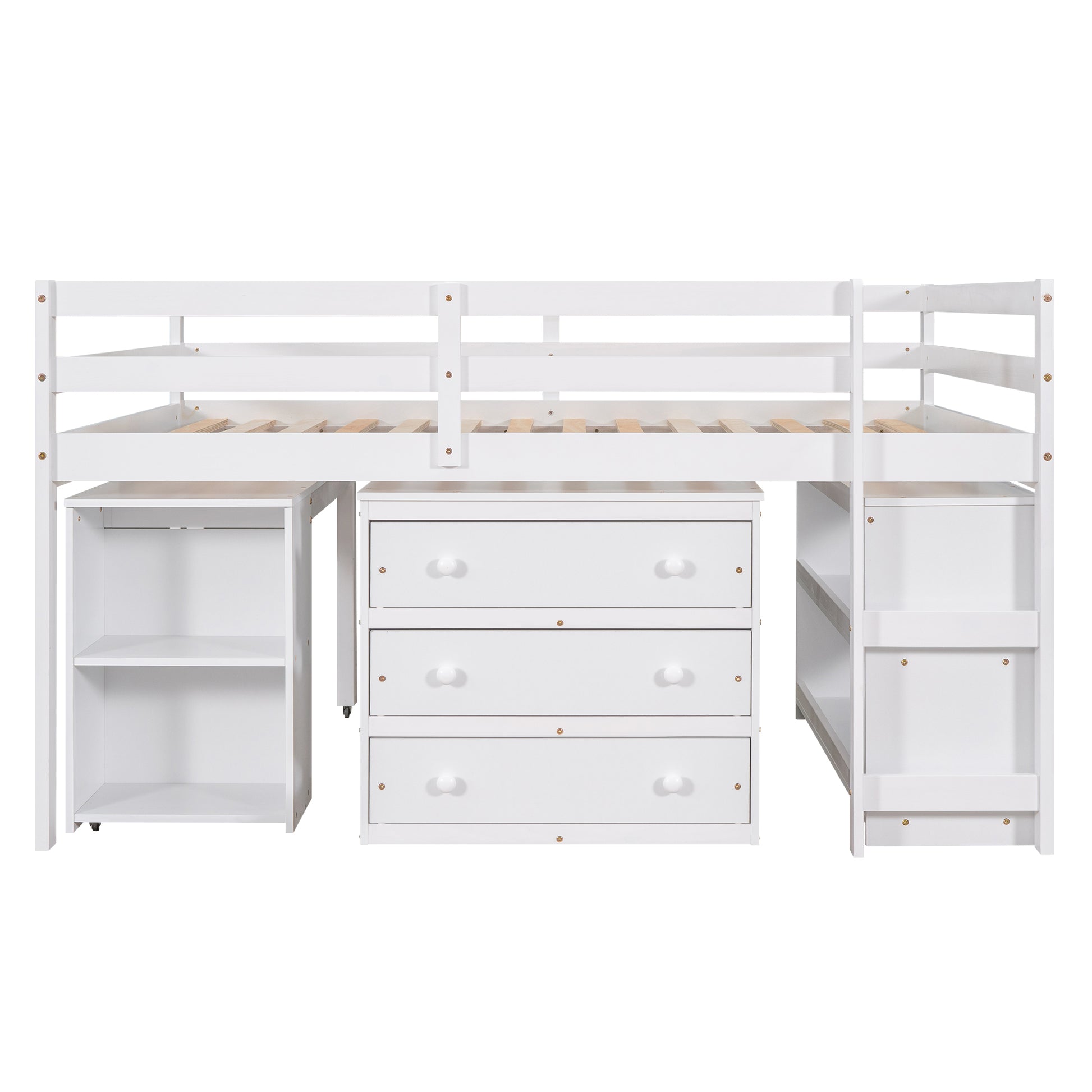White wooden loft bed with integrated drawers