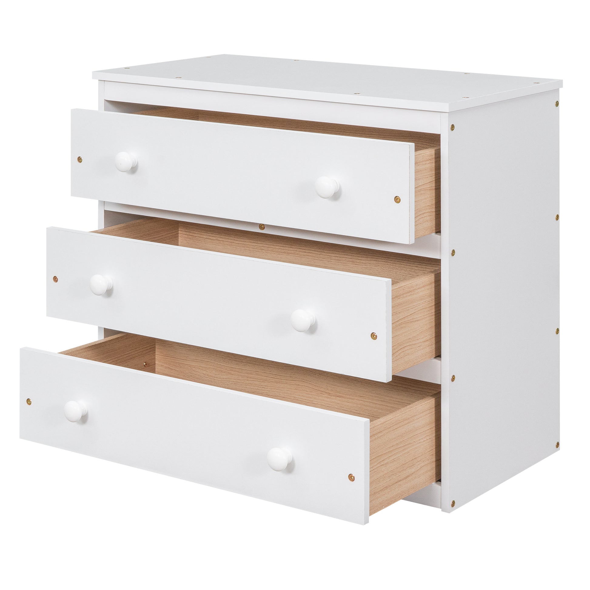 White wooden threedrawer dresser with light oak interior and round knobs
