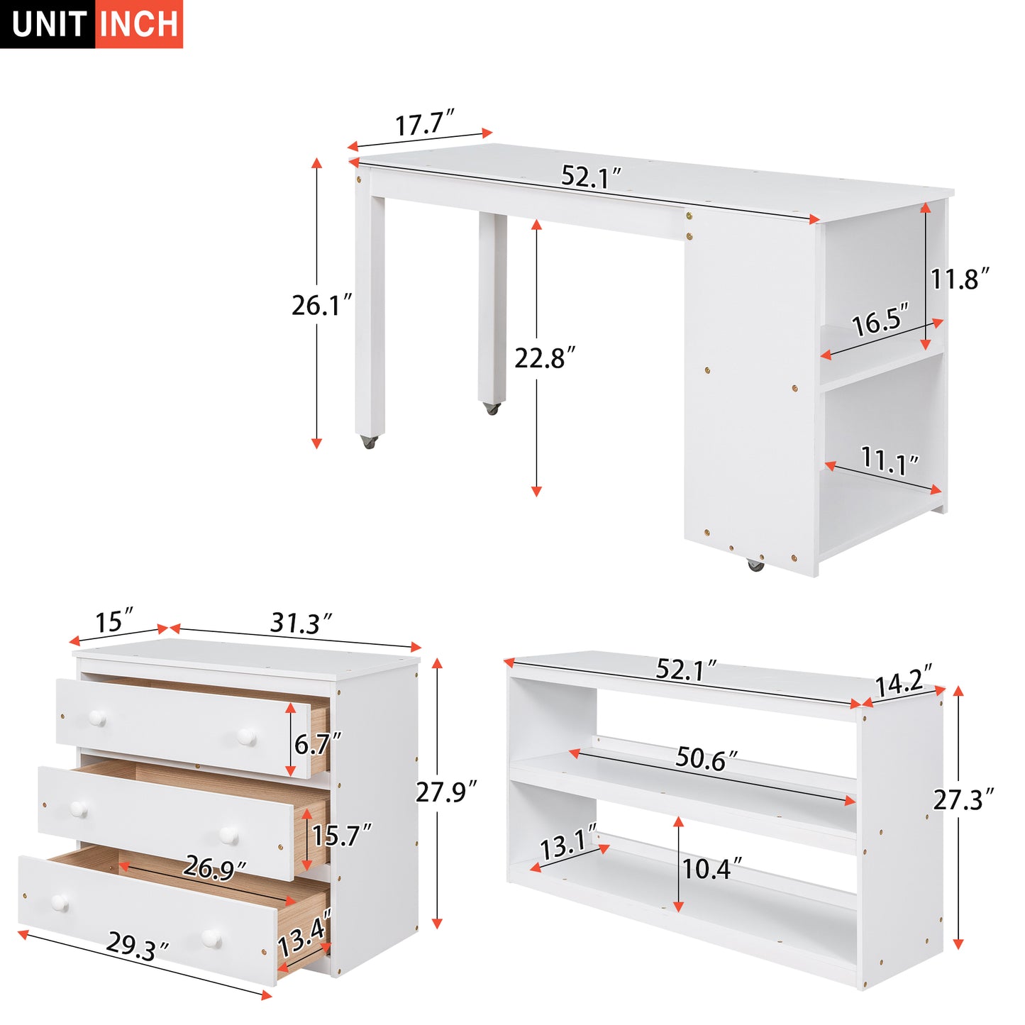 White wooden desk with dimensions