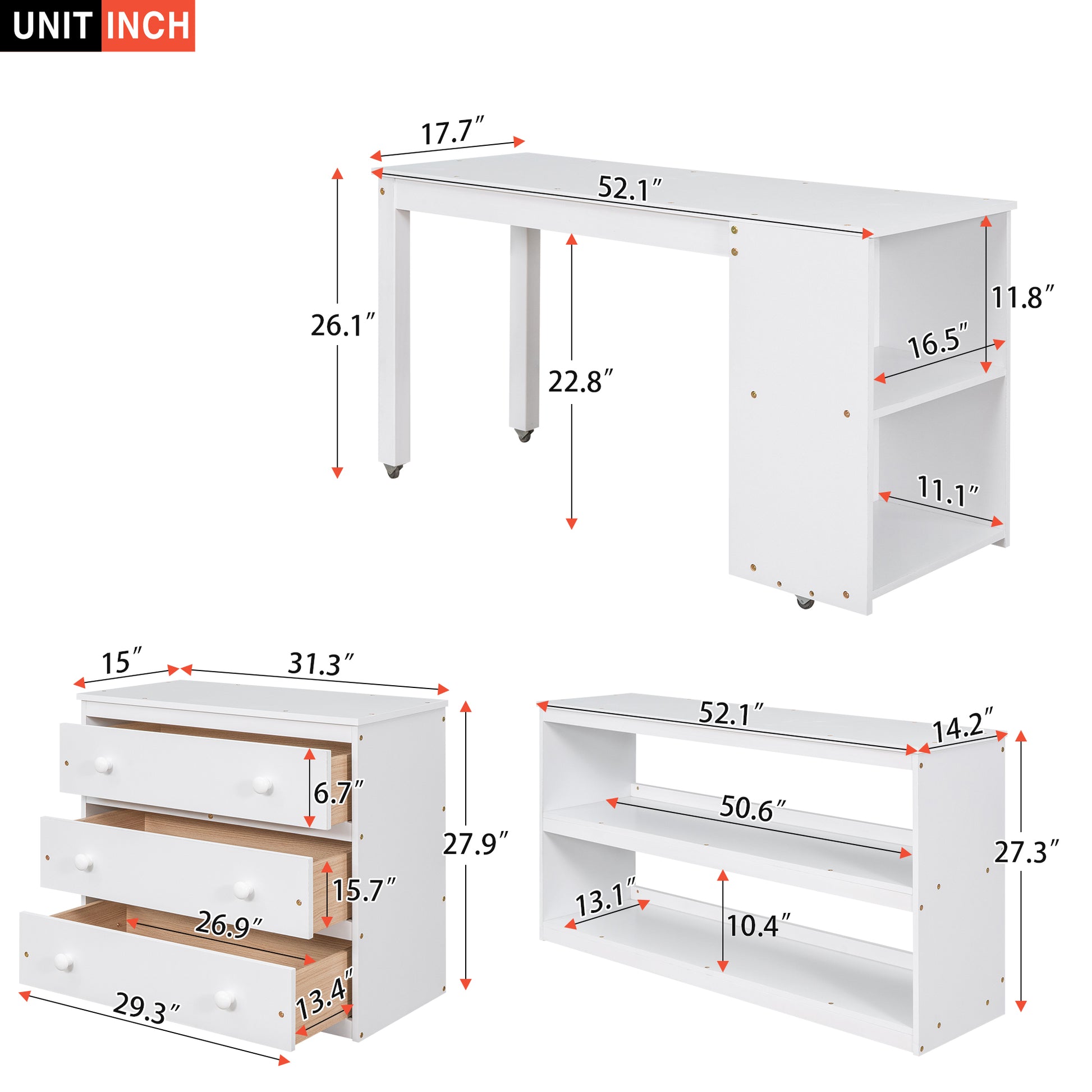 White wooden desk with dimensions