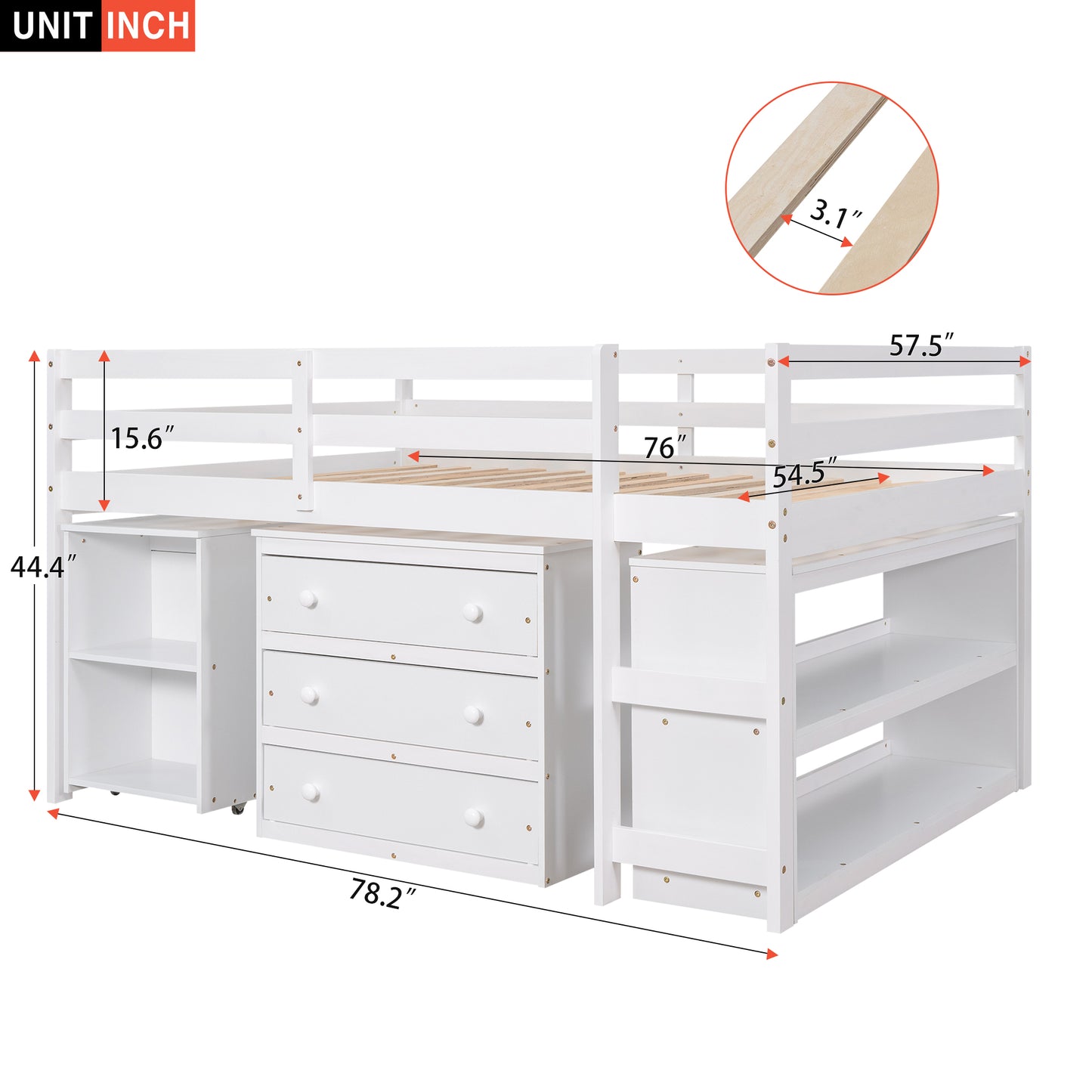 White loft bed with integrated drawers and shelves