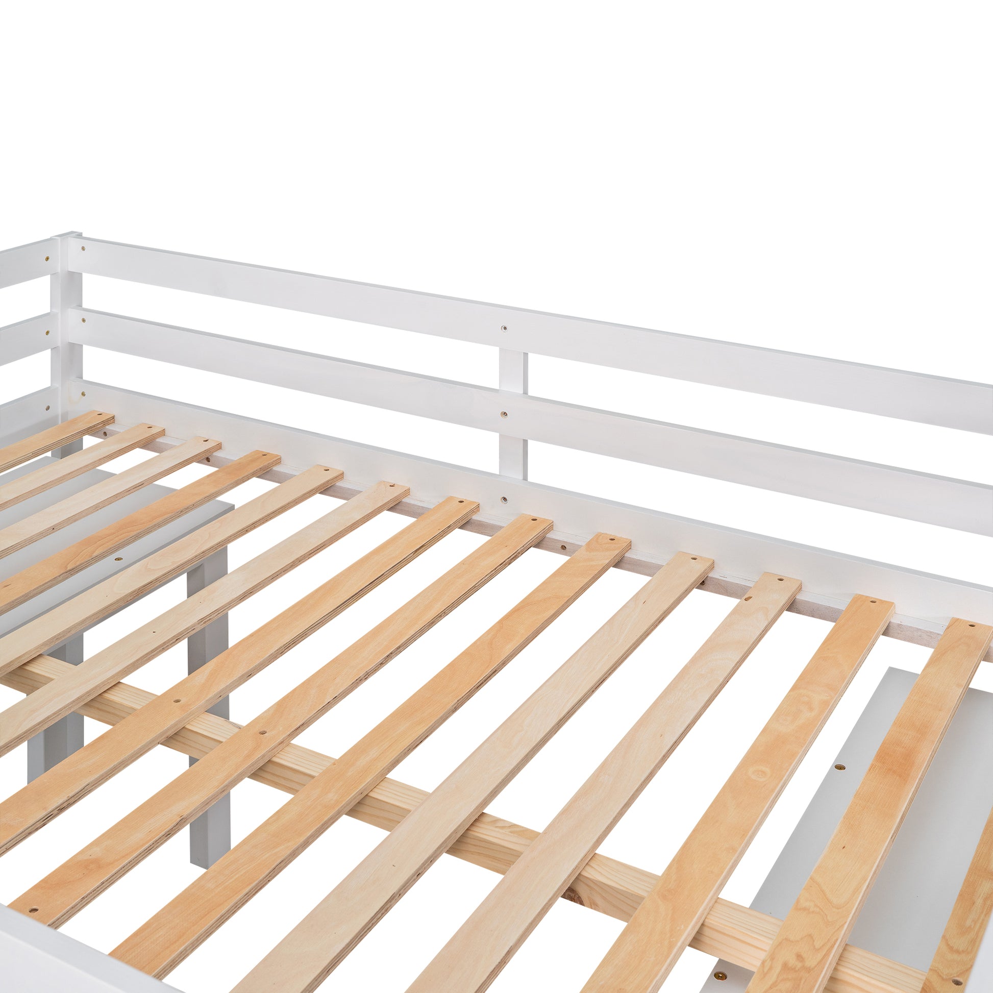 Closeup of a white wooden bed frame with natural wood slats
