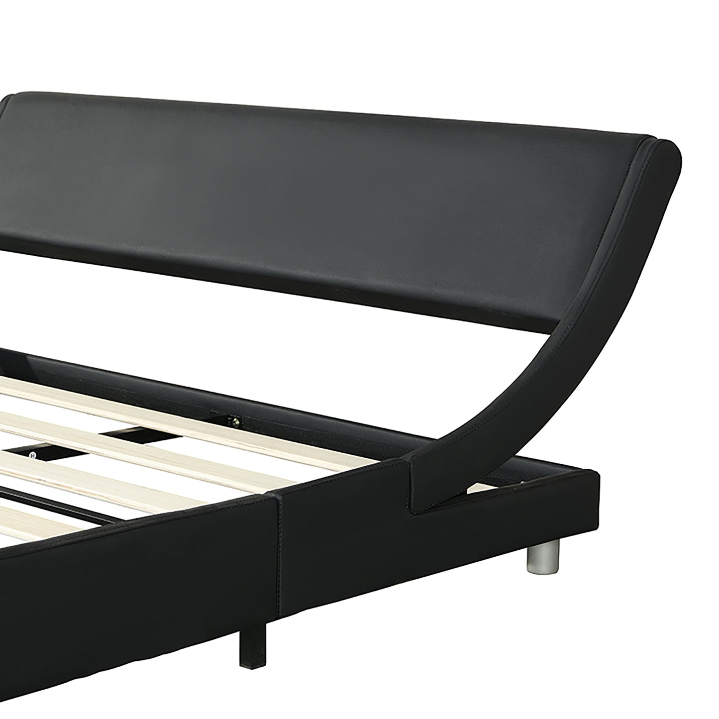 Modern black faux leather platform bed frame with curved headboard and wooden slats