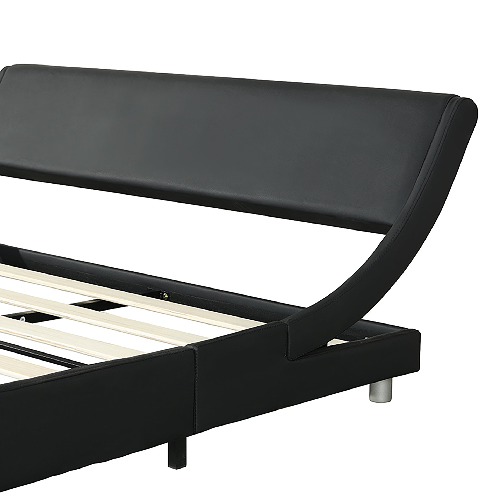 Modern black faux leather platform bed frame with curved headboard and wooden slats