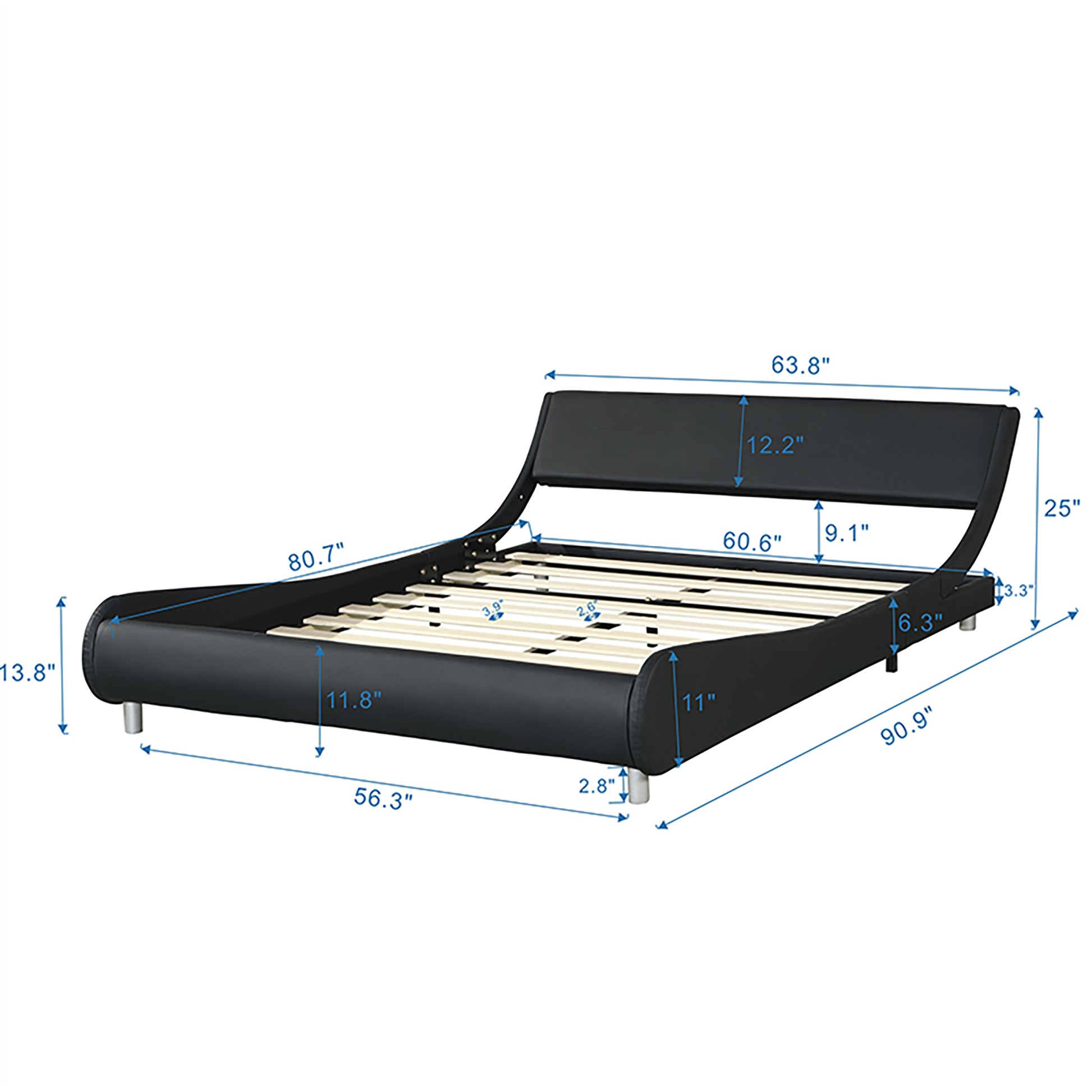 Black faux leather platform bed frame with curved headboard and silver legs