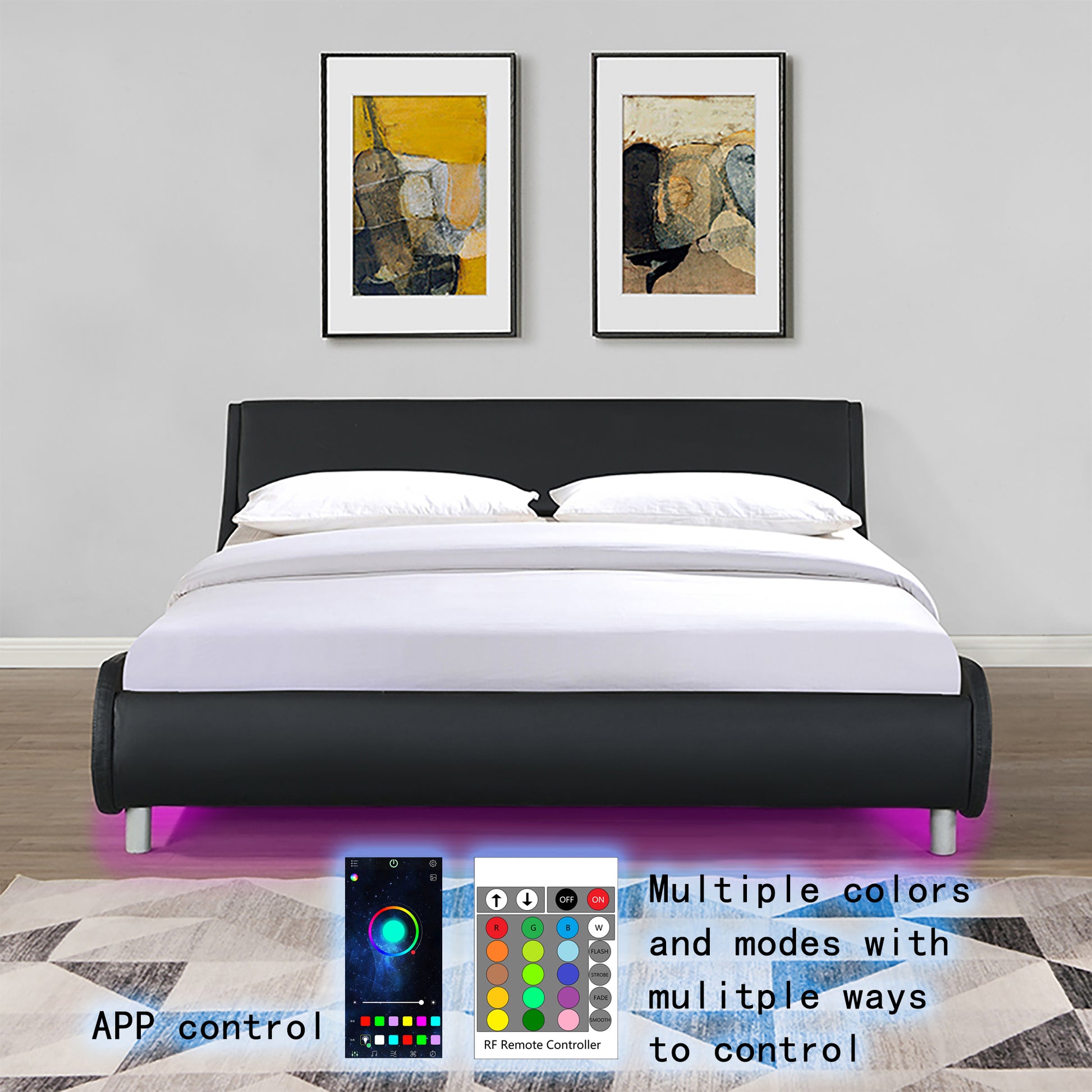 Black upholstered bed frame with LED lighting and white bedding