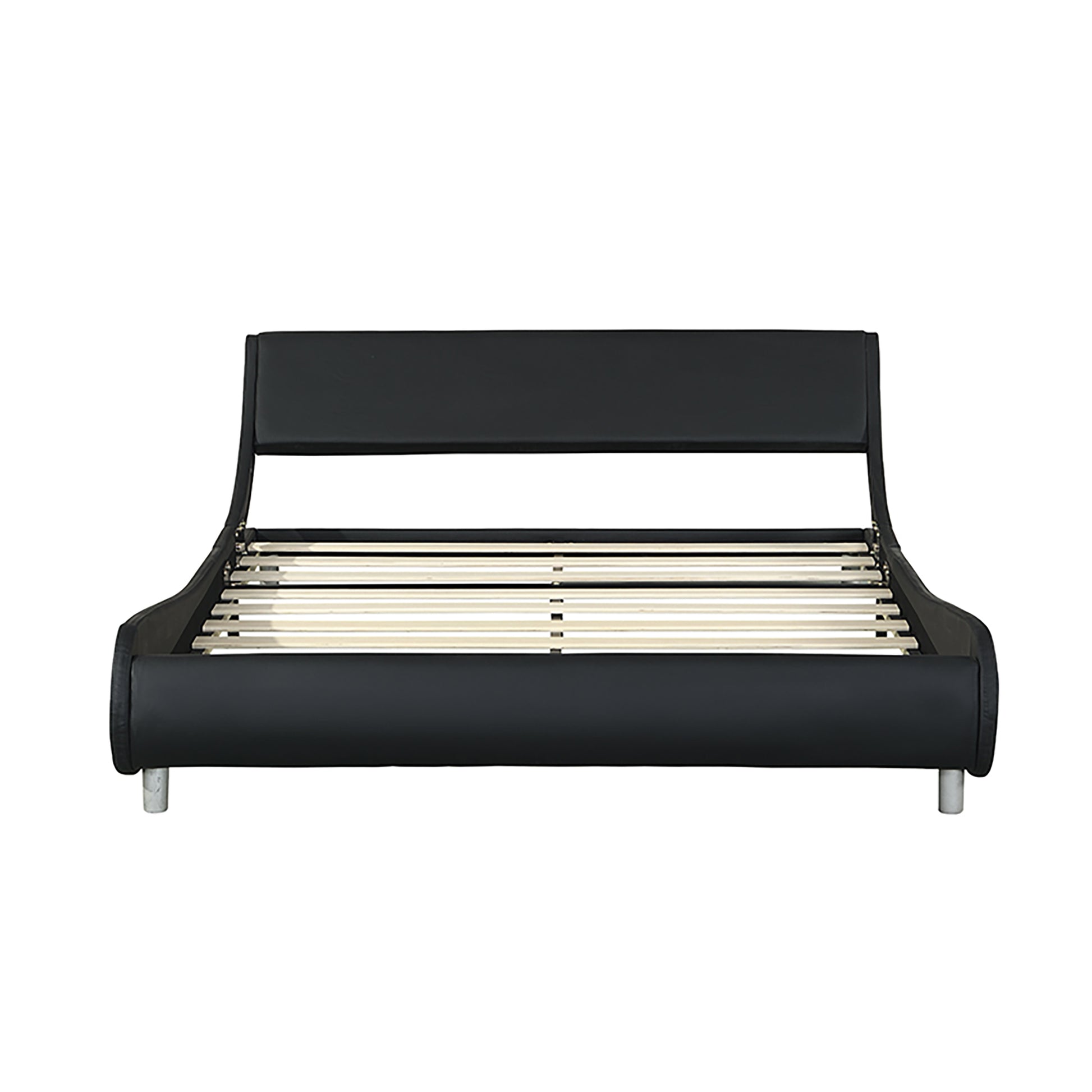 Black faux leather platform bed frame with curved headboard and wooden slats for mattress support