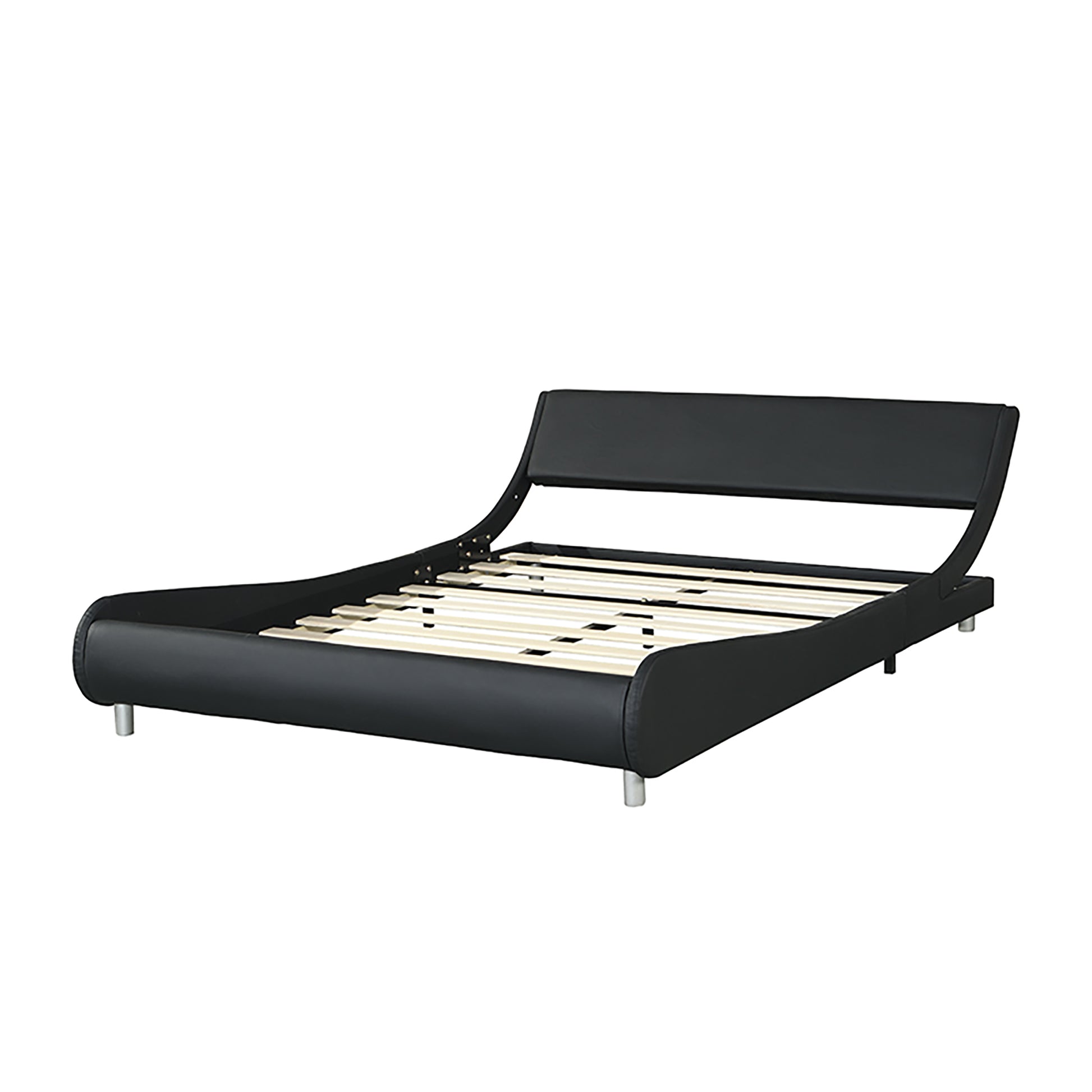 Black faux leather platform bed with curved headboard and chrome legs