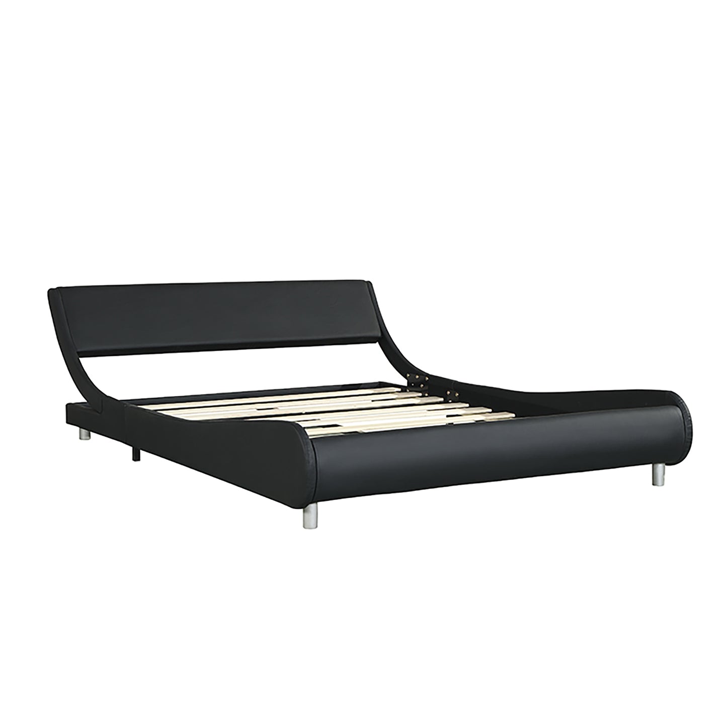 Black faux leather platform bed frame with curved headboard and silver legs