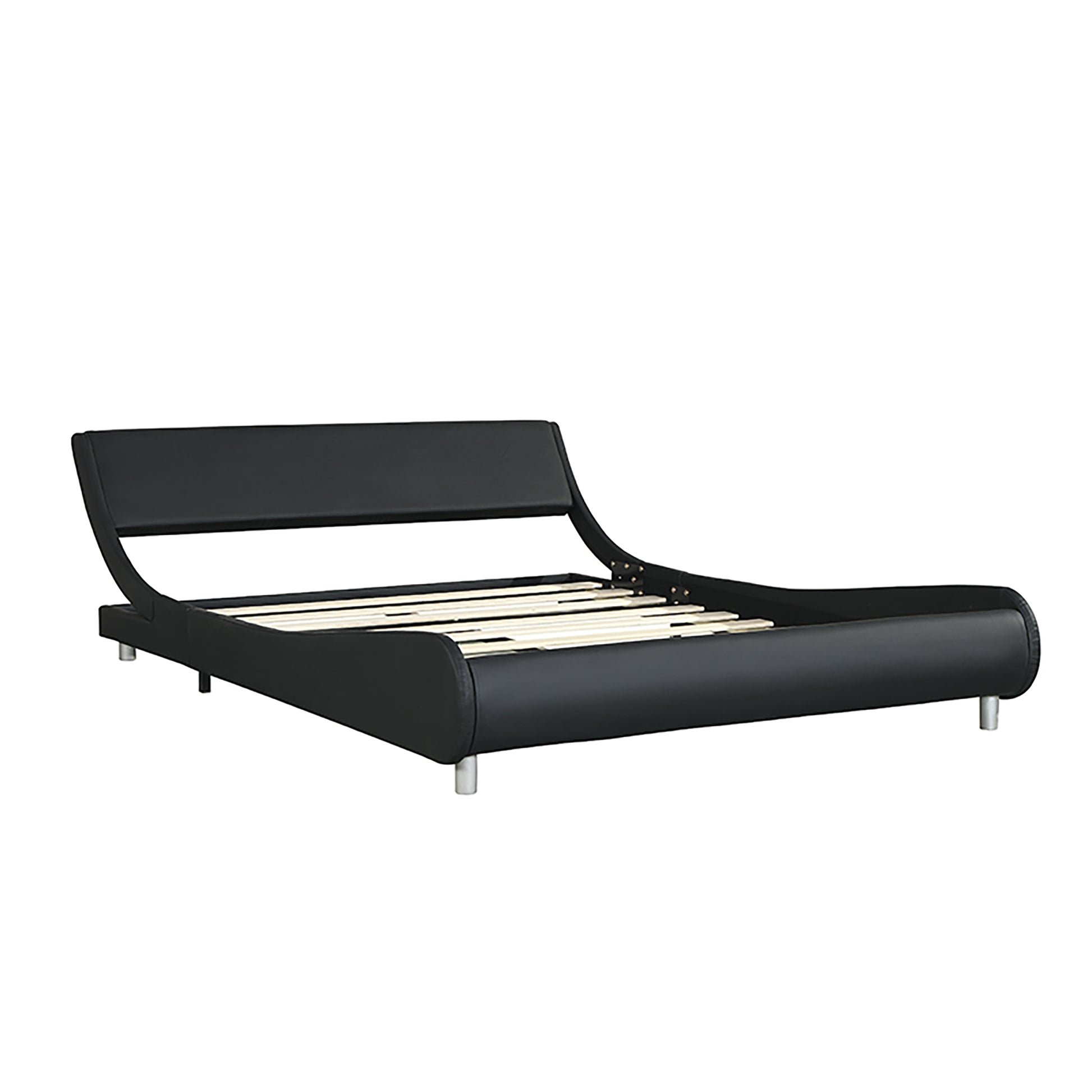 Black faux leather platform bed frame with curved headboard and silver legs