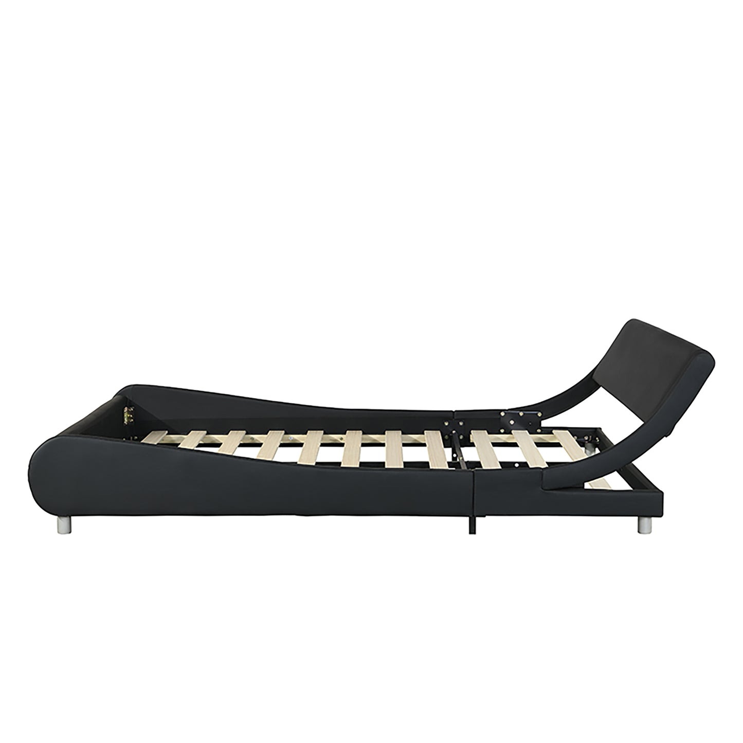 Black faux leather bed frame with curved headboard and slatted base