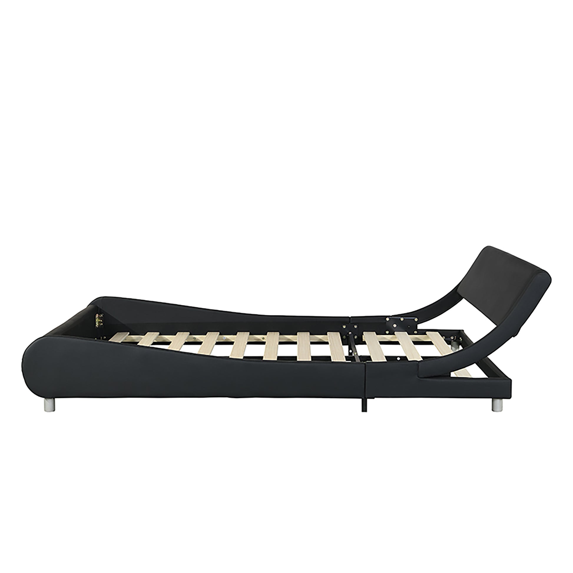 Black faux leather bed frame with curved headboard and slatted base