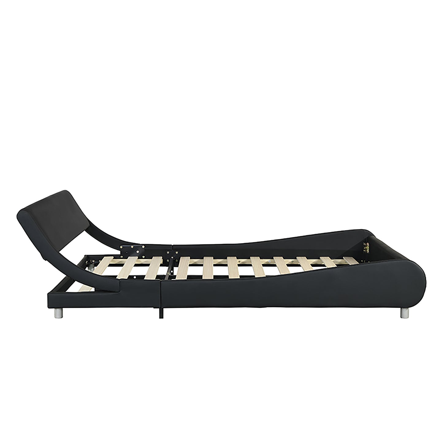 Black faux leather modern bed frame with curved headboard and wooden slats