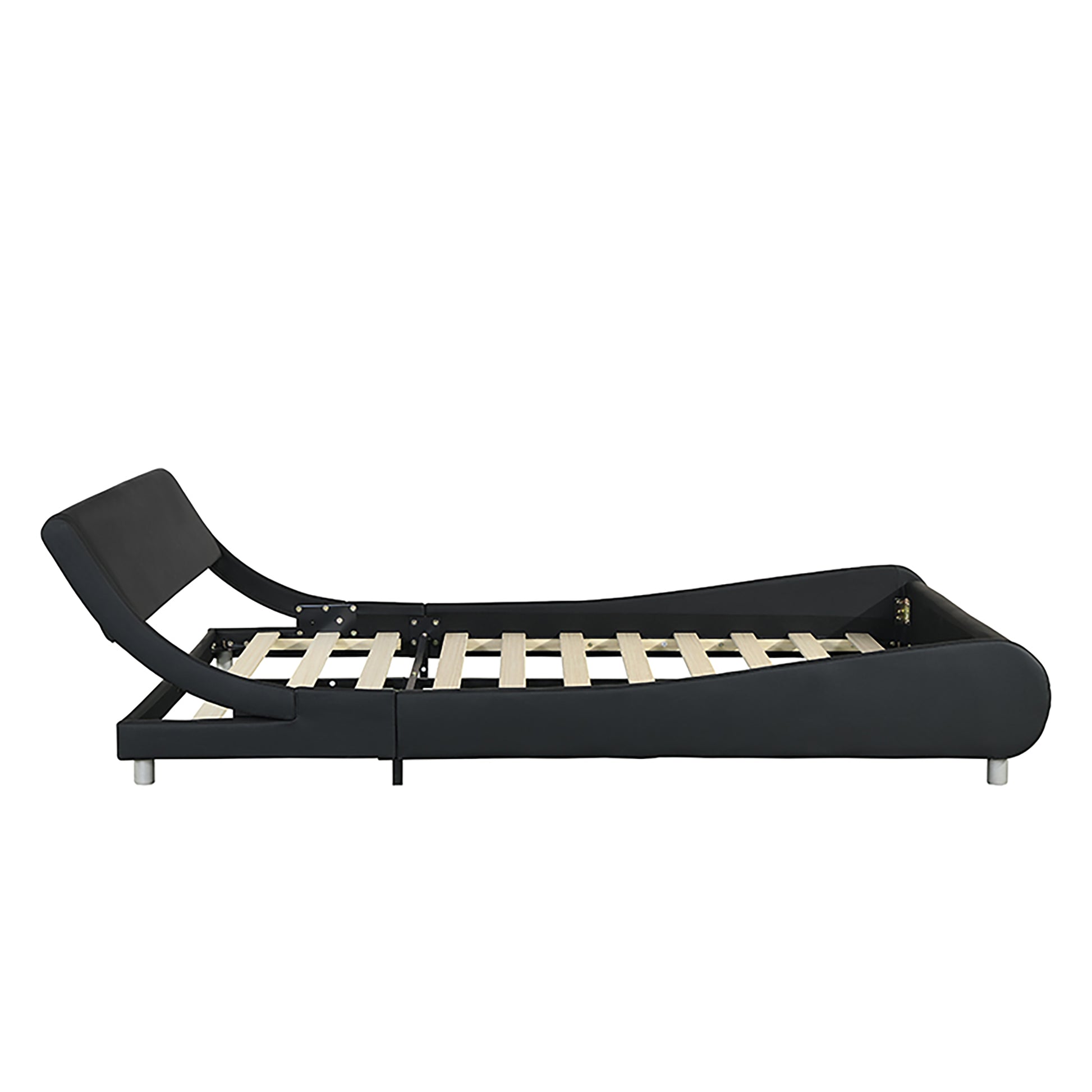 Black faux leather modern bed frame with curved headboard and wooden slats