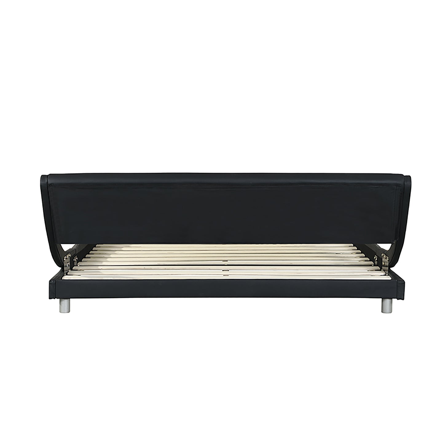 Black faux leather bed frame with slatted mattress support