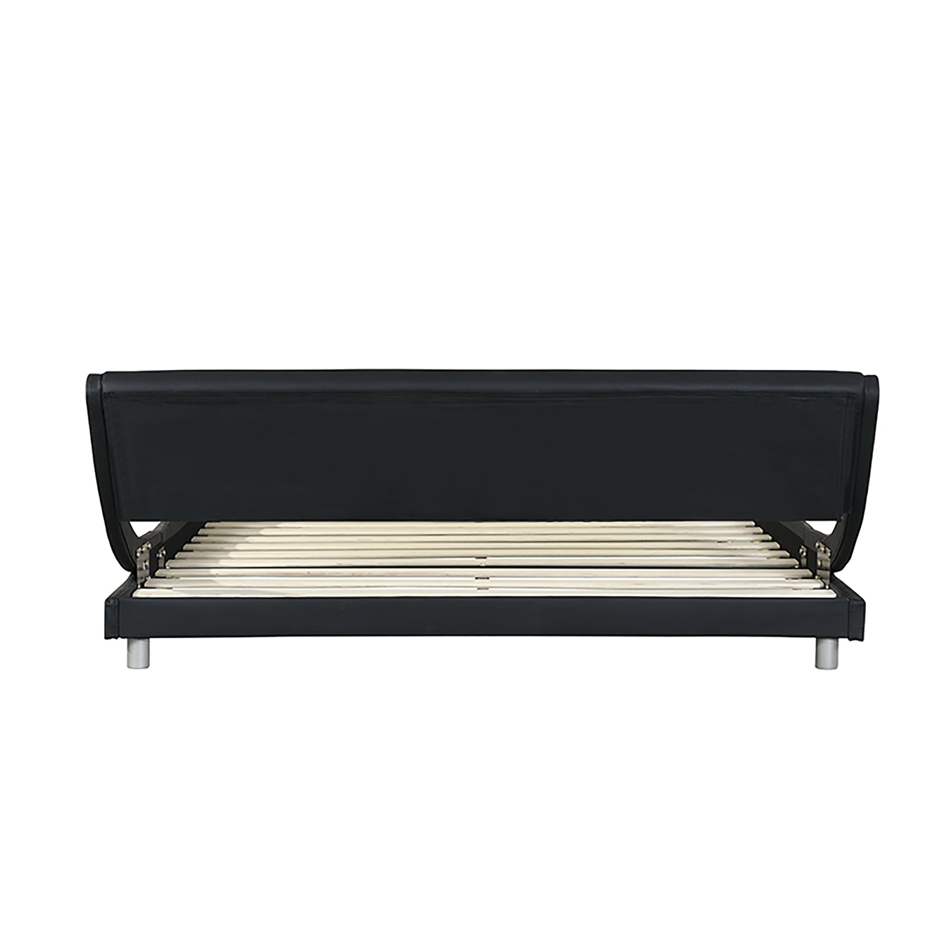 Black faux leather bed frame with slatted mattress support