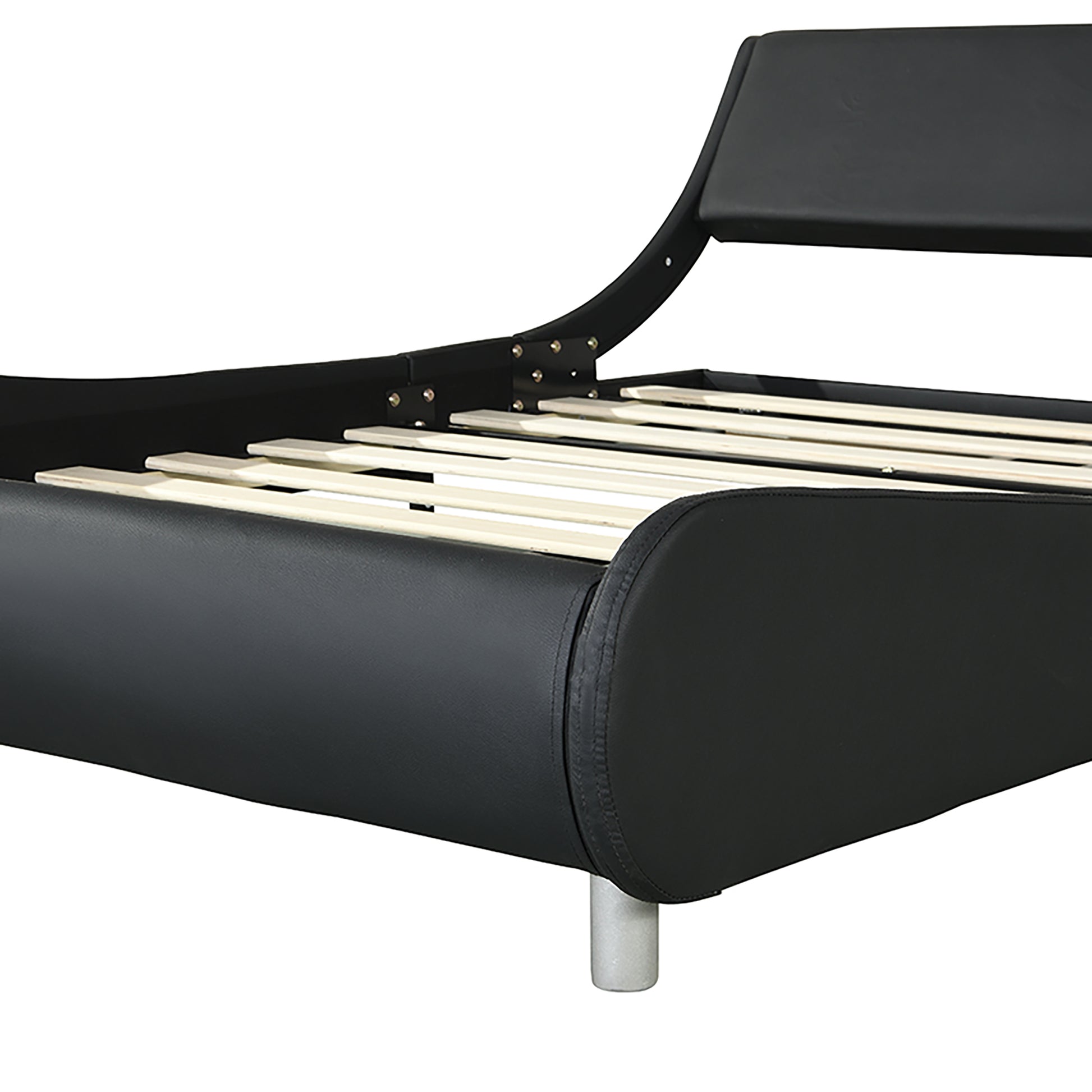Black faux leather bed frame with curved headboard and wooden slats