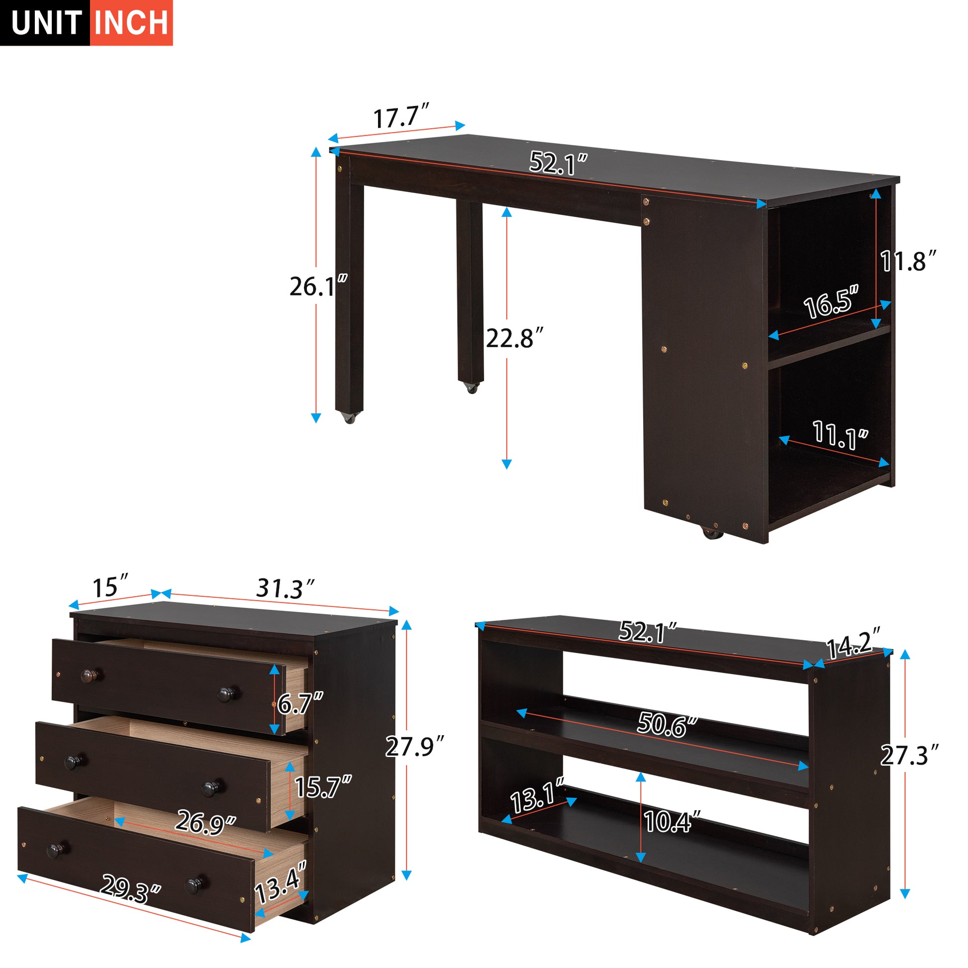 Dark brown writing desk with integrated shelving and drawers