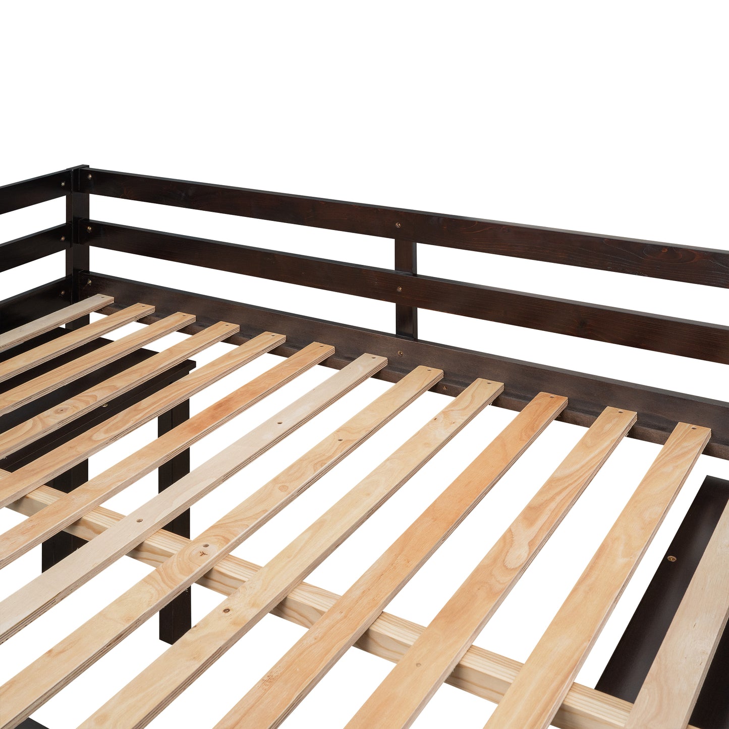 Dark wood daybed frame with natural wood slats for mattress support