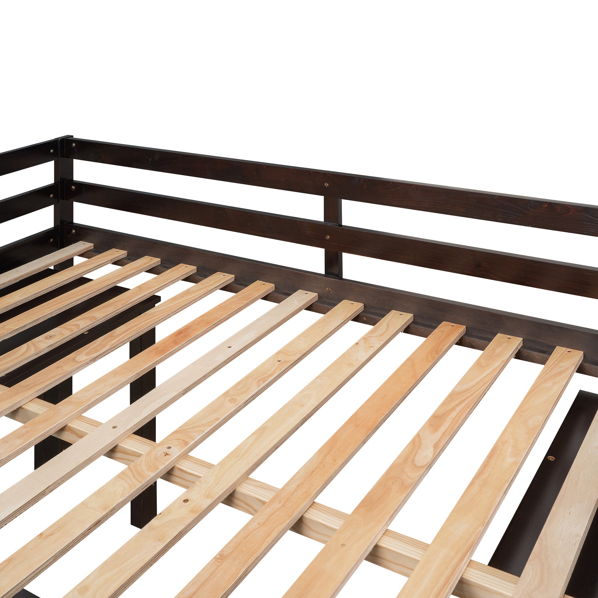 Dark wood daybed frame with natural wood slats for mattress support
