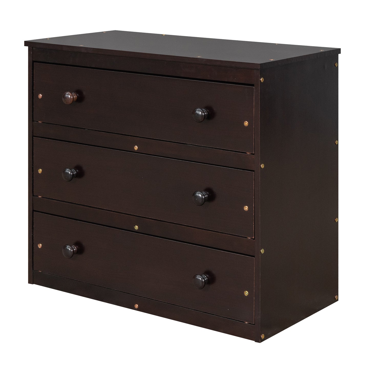 Dark brown threedrawer dresser with round knobs for storage