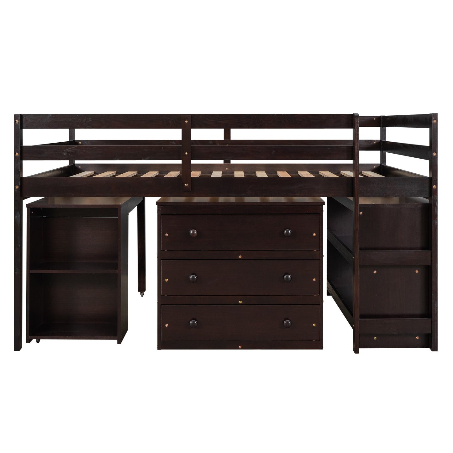 Dark brown wood loft bed with integrated desk and drawers