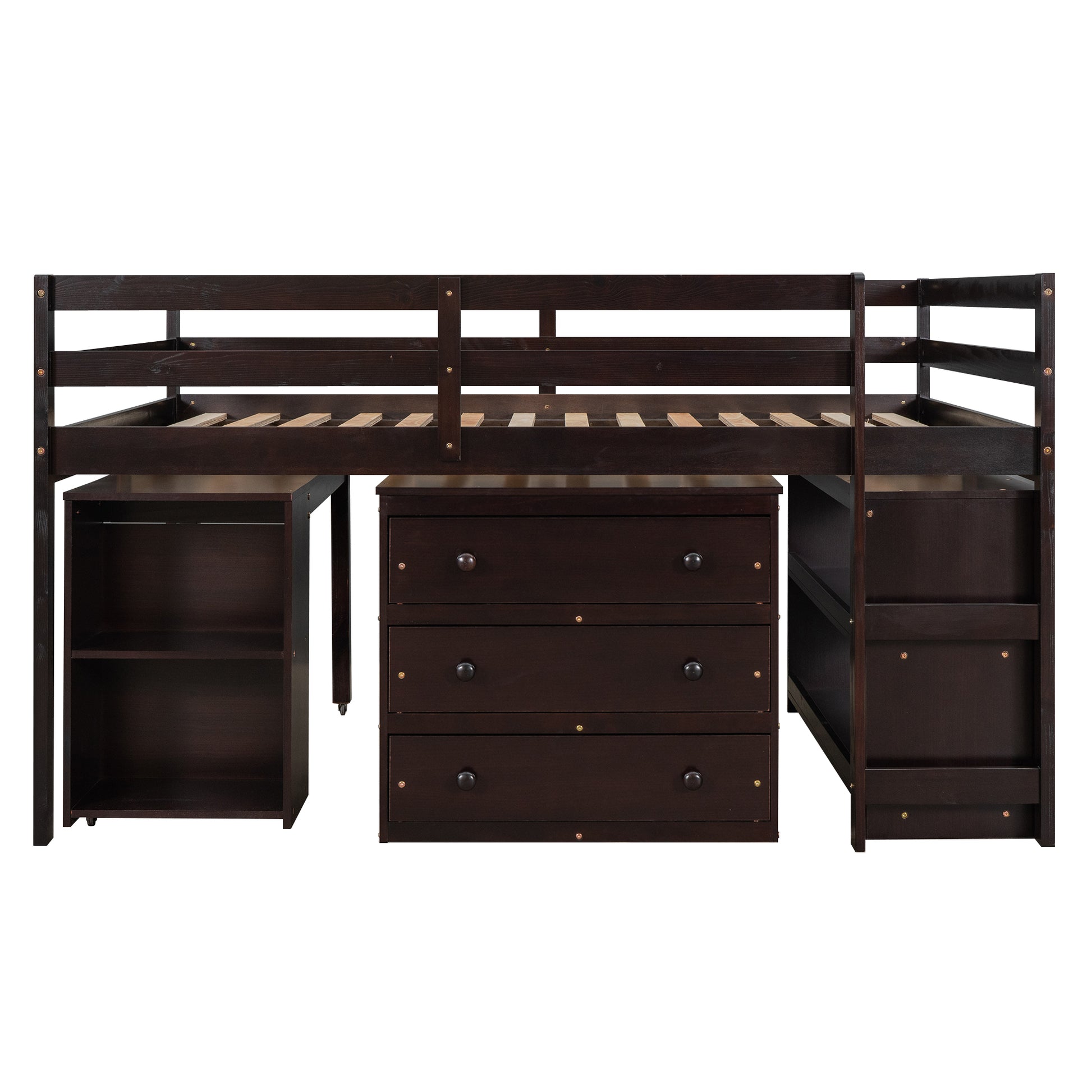 Dark brown wood loft bed with integrated desk and drawers