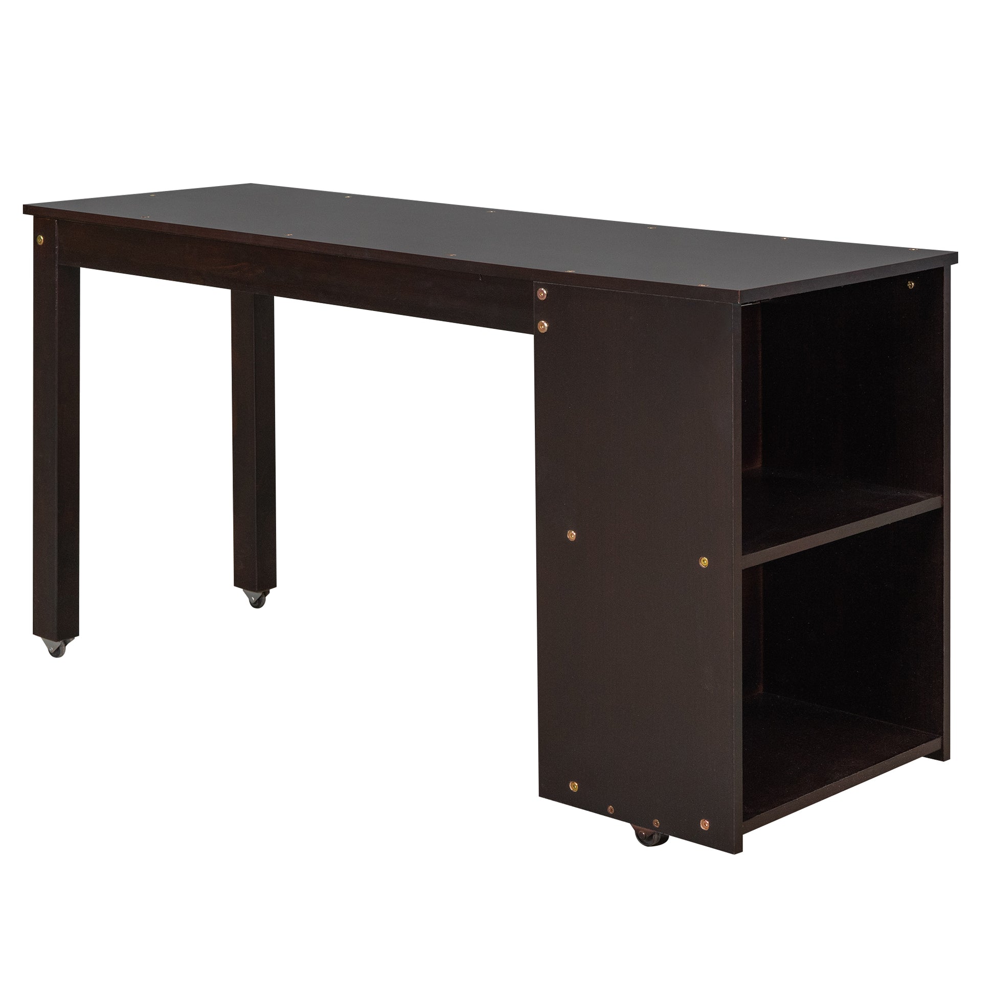 Dark brown wooden desk with casters and integrated shelving unit