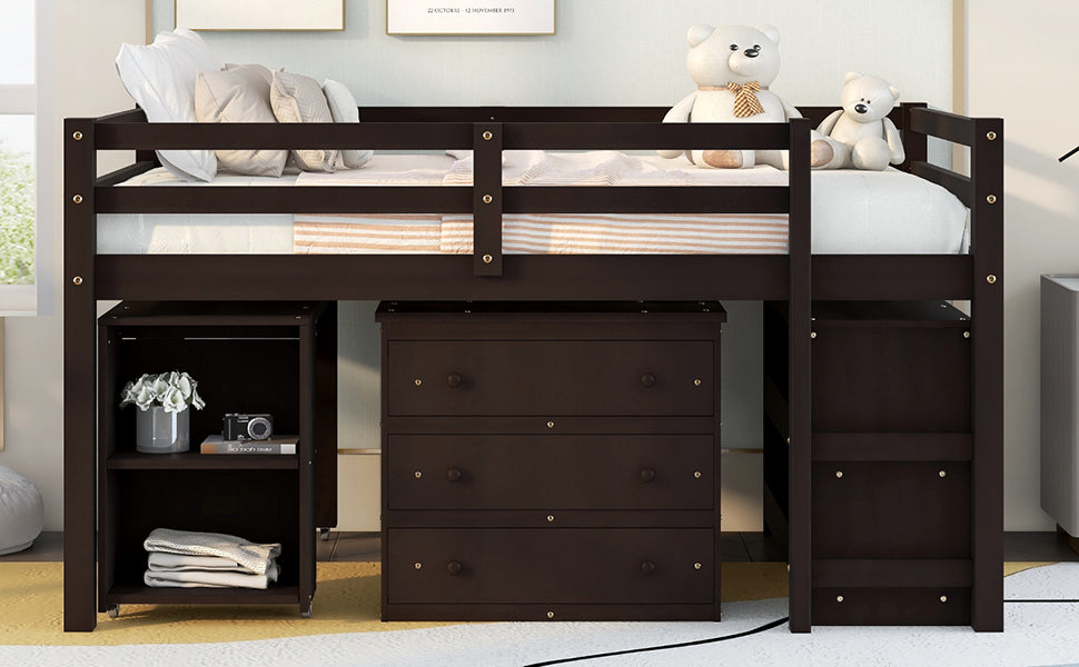 Dark brown wooden loft bed with integrated drawers and shelves
