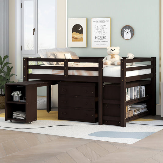 Dark wood loft bed with integrated desk and storage shelves