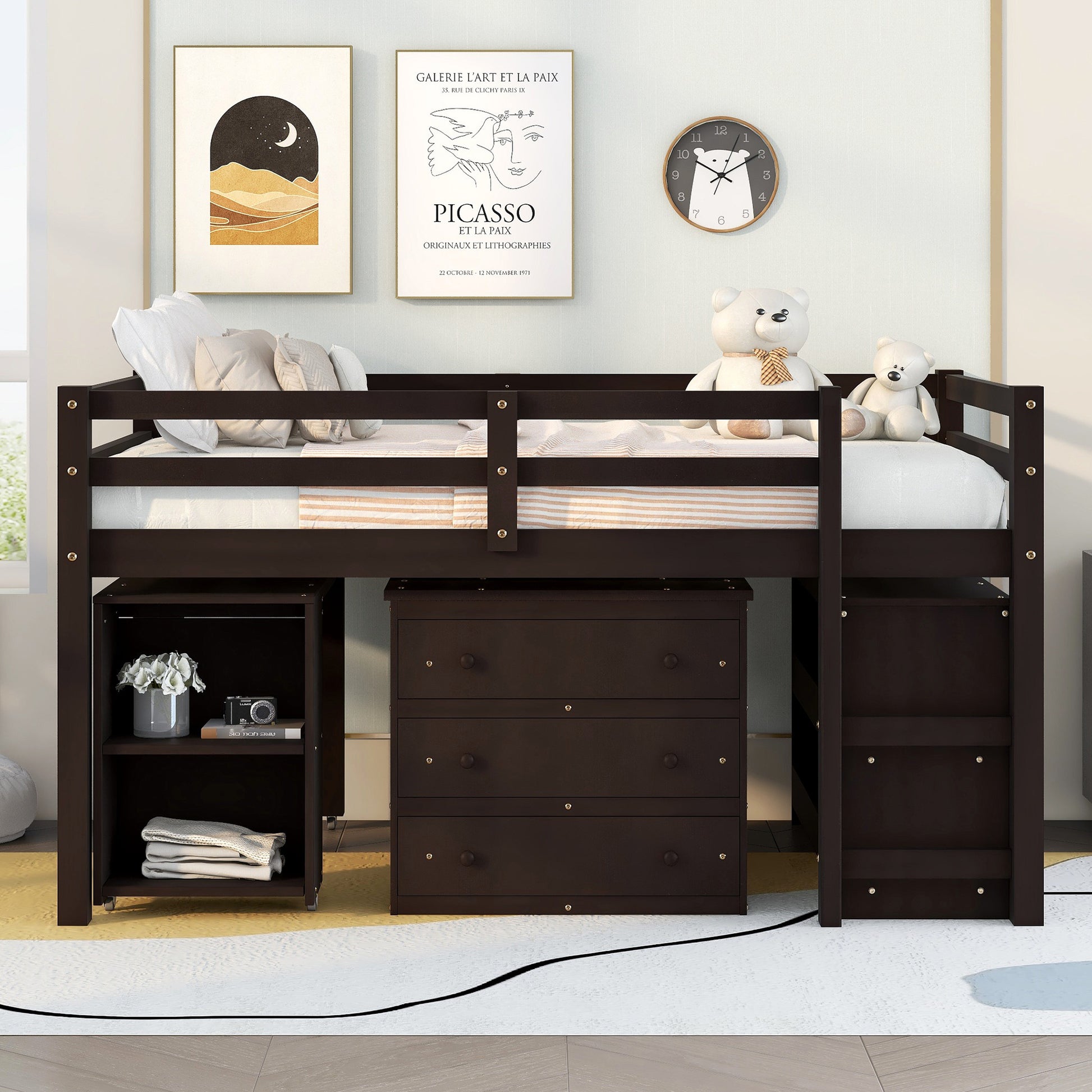 Dark brown wood loft bed with dresser and shelves