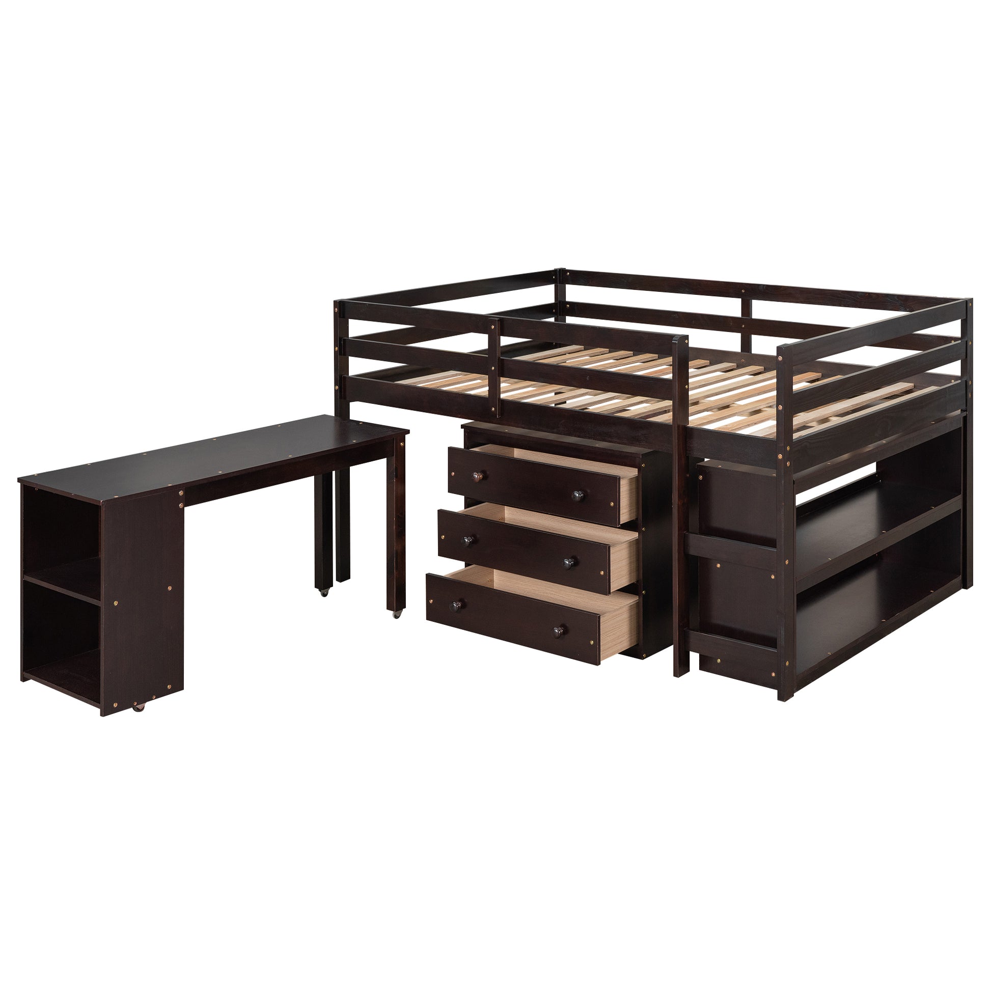 Dark brown loft bed with integrated desk and three drawers