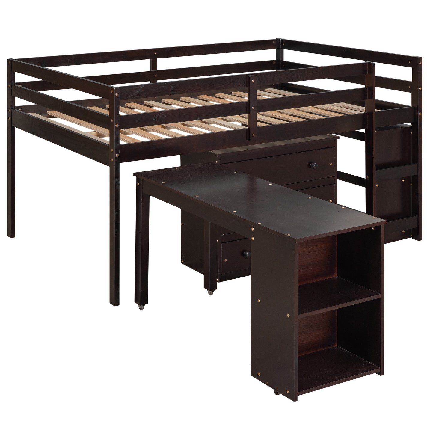 Dark brown wooden loft bed with integrated desk and shelving