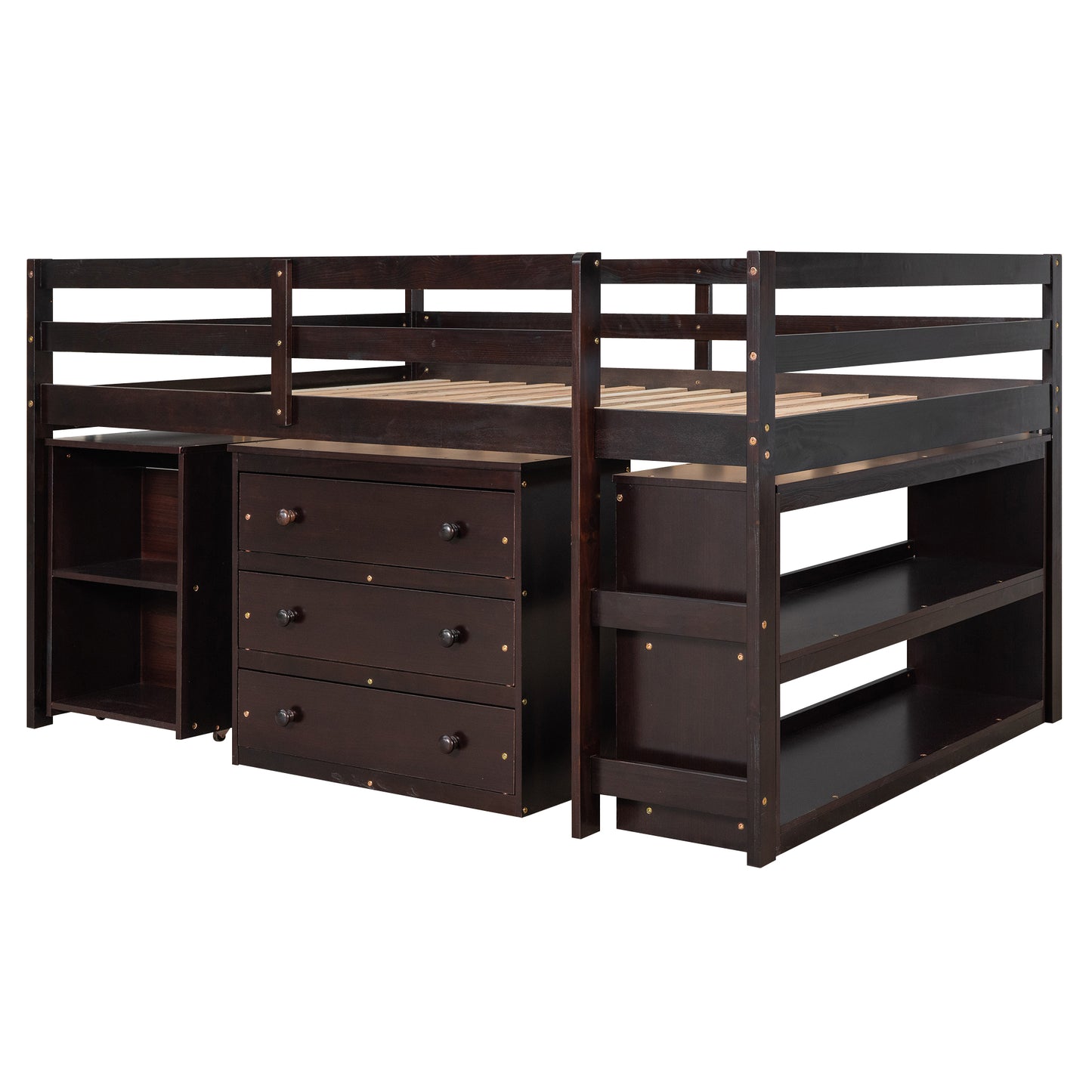 Dark brown loft bed with storage drawers and shelves