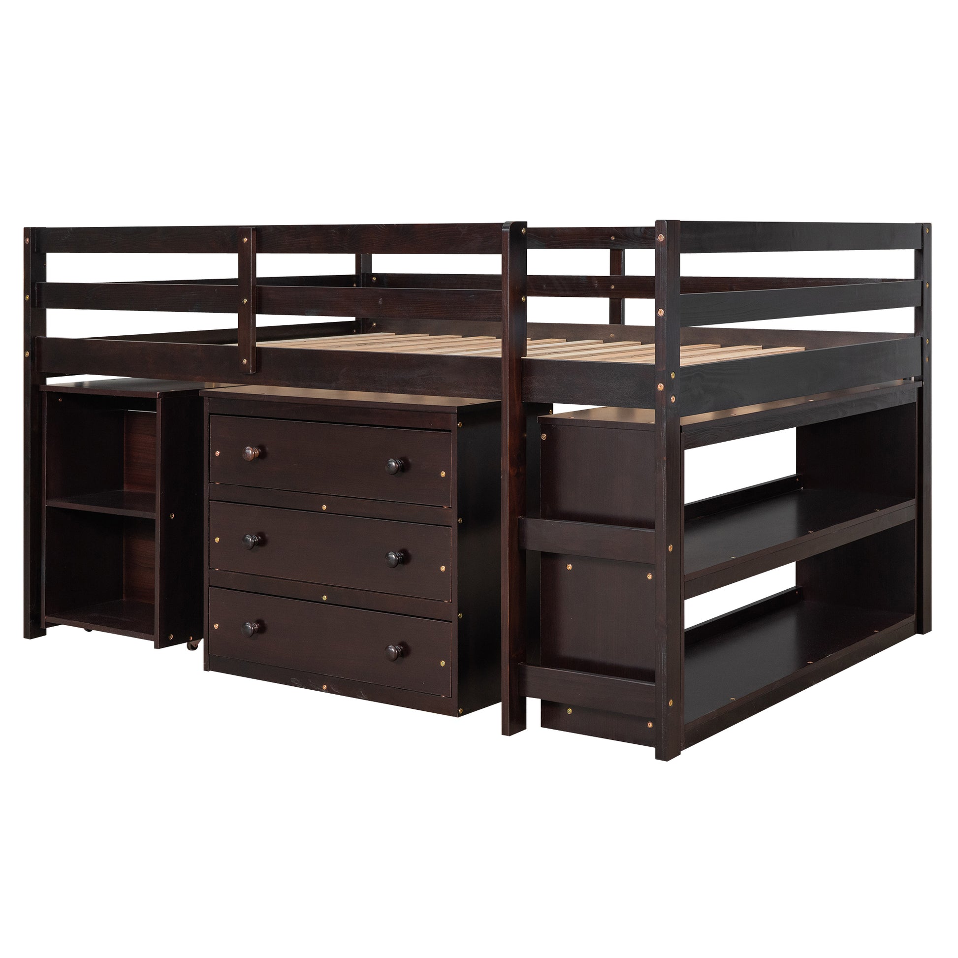 Dark brown loft bed with storage drawers and shelves