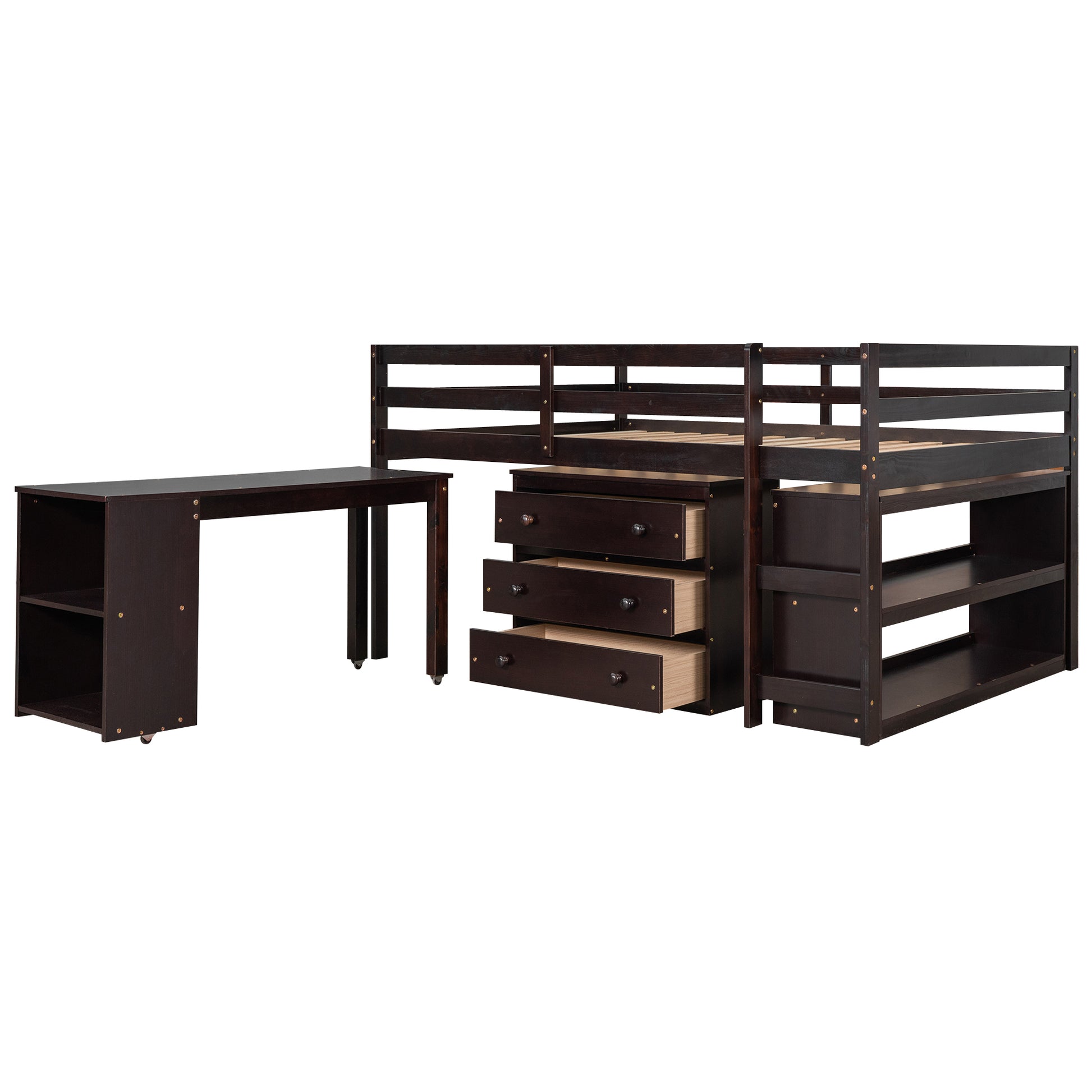 Dark brown wooden loft bed with integrated desk and drawers