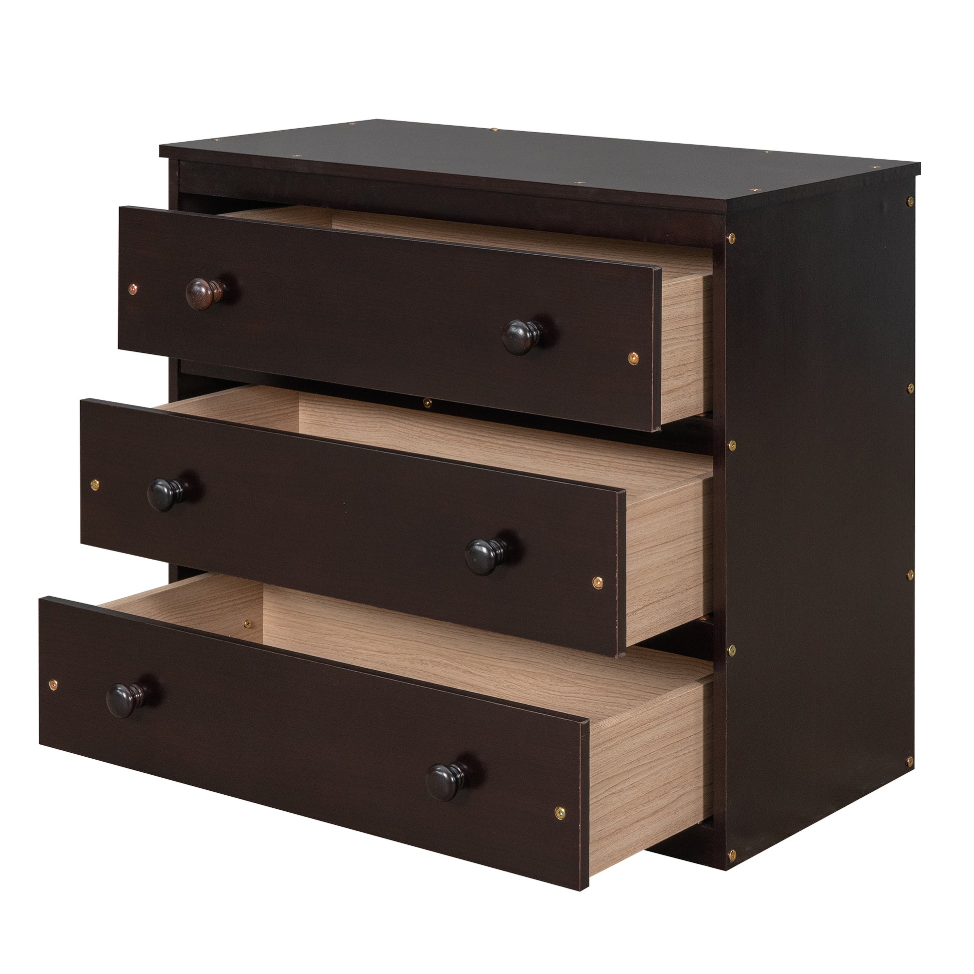 Dark brown threedrawer dresser with wooden interiors and round knobs