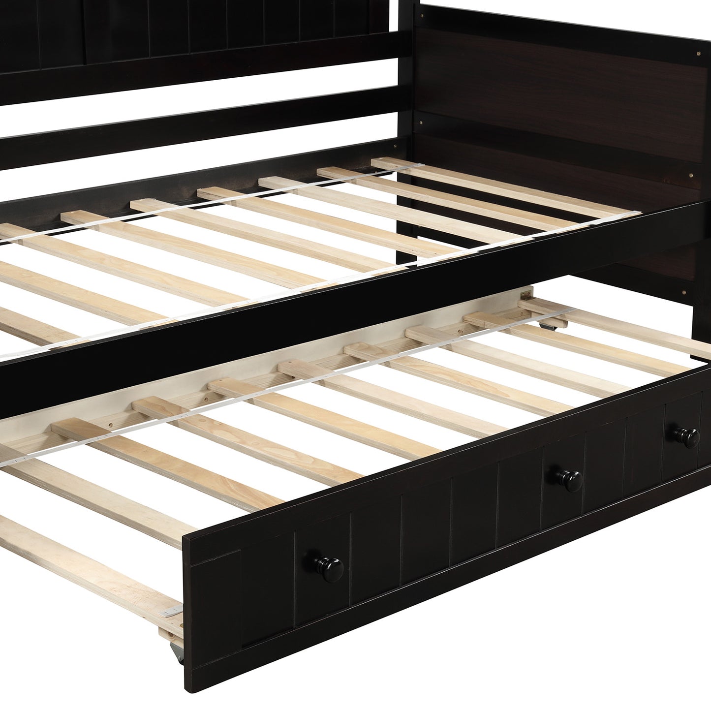 Dark brown wooden bed frame with pullout trundle