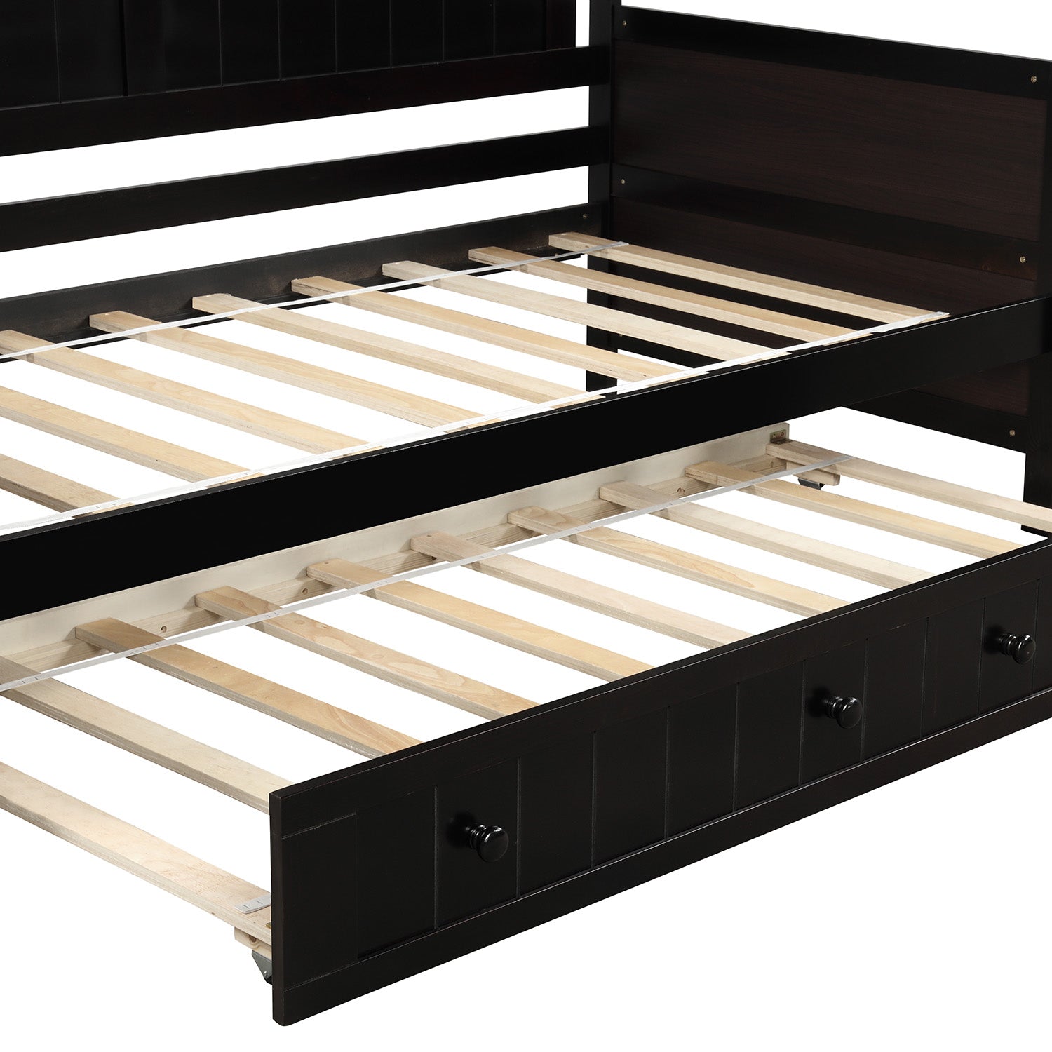 Dark brown wooden bed frame with pullout trundle