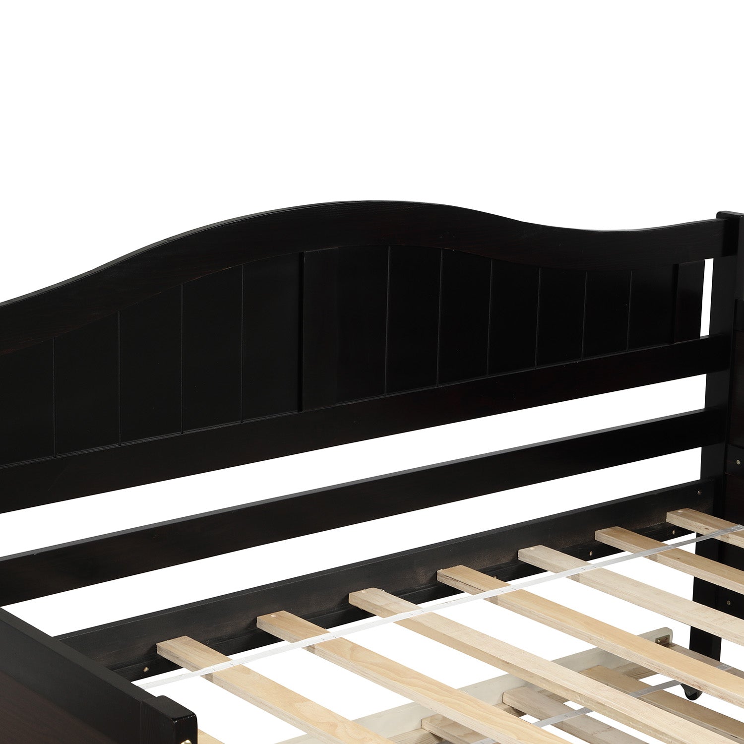 Dark brown wooden daybed frame with arched back and slatted mattress support